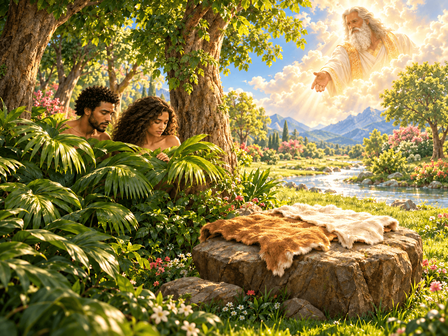 A painting of God clothing Adam and Eve in garments of skin