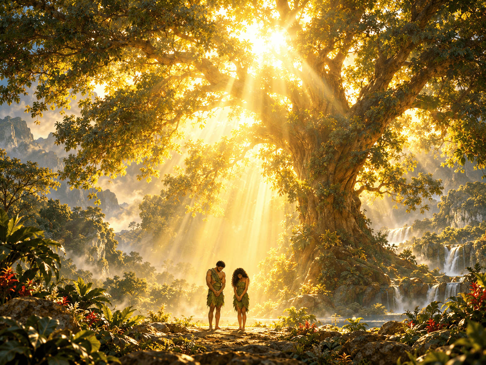 A painting of Adam and Eve before God after they disobeyed