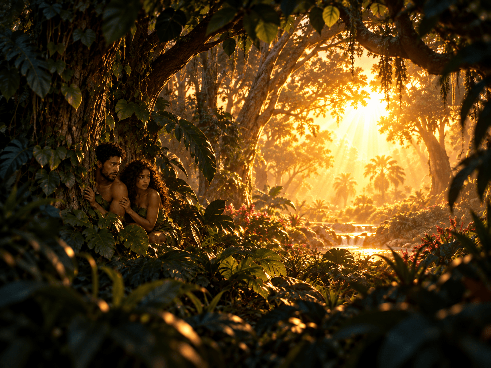 A painting of Adam and Eve hiding from God among the trees