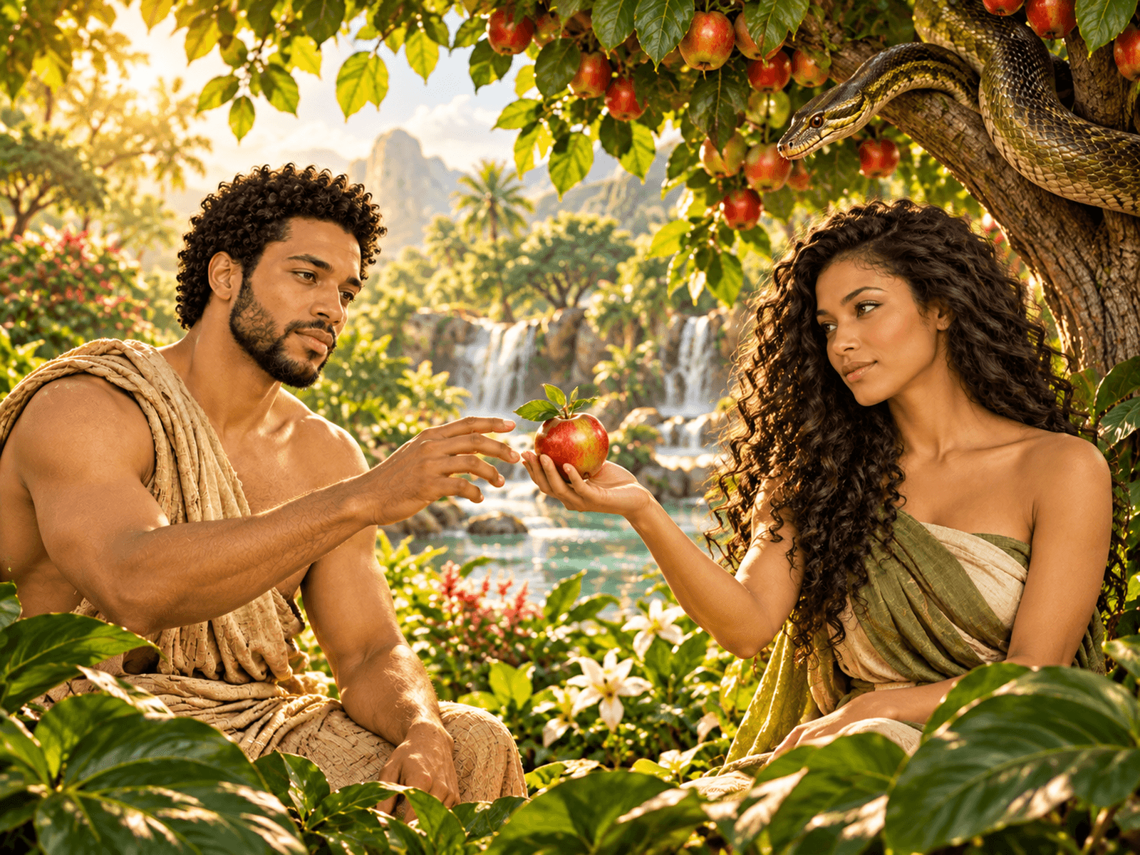 A painting of Eve giving Adam the fruit of the forbidden tree