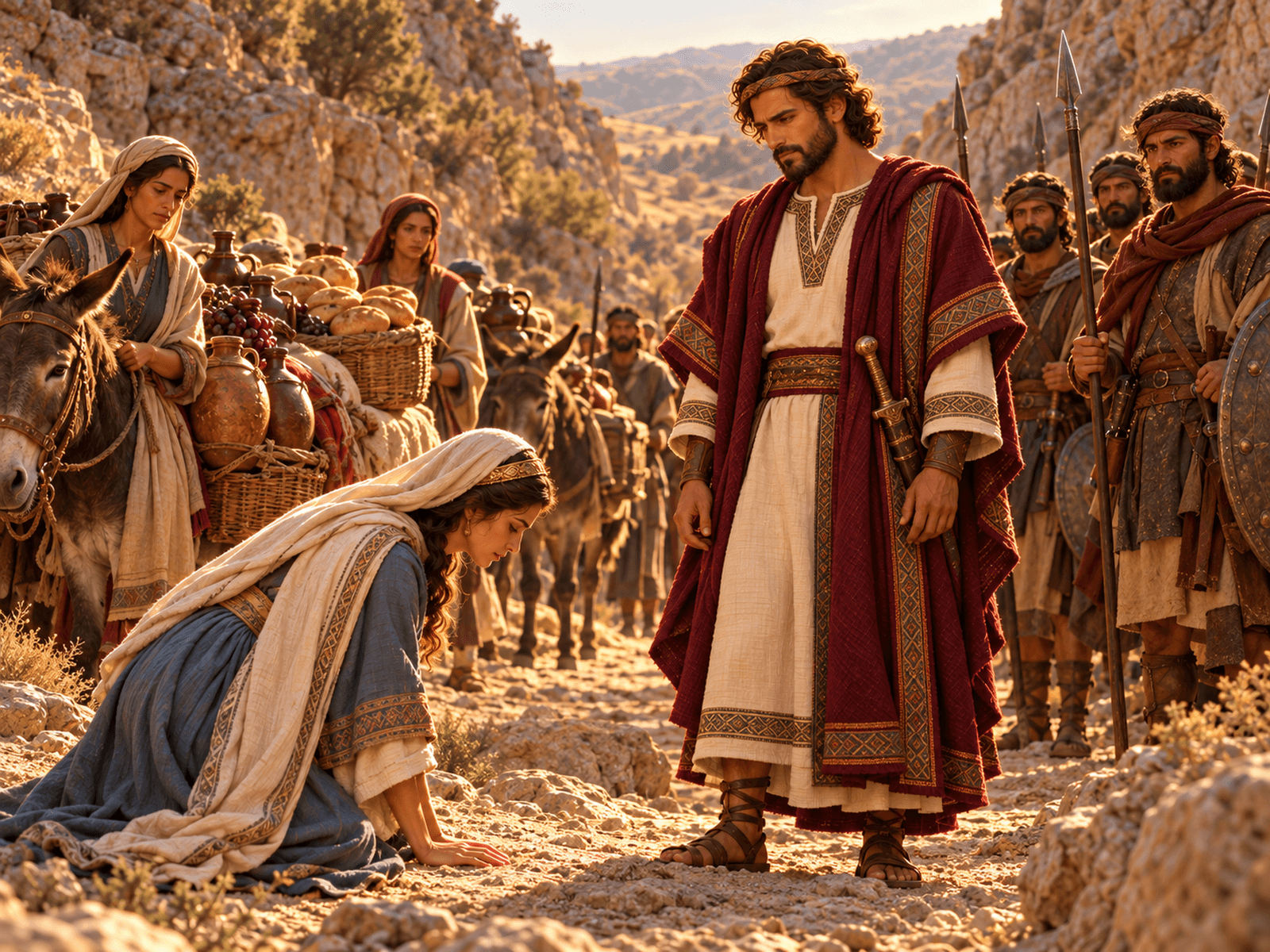 A painting of Abigail bowing before David in a mountain ravine