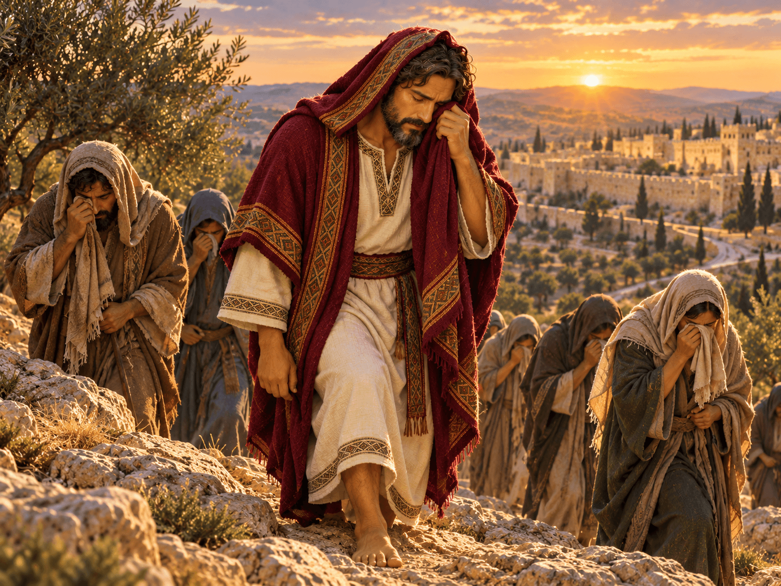 A painting of King David climbing the Mount of Olives in tears