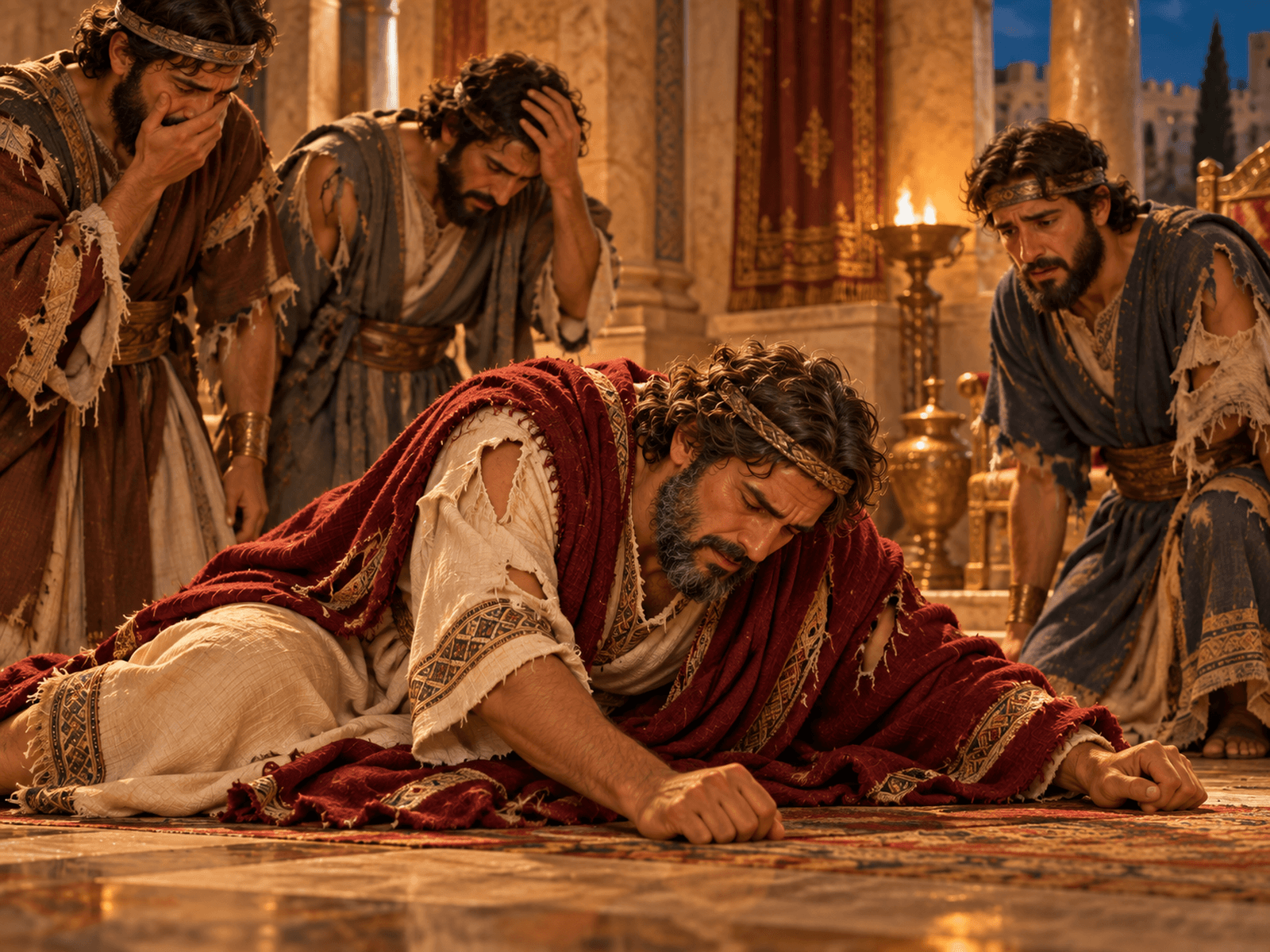 A painting of King David grieving at terrible news about his sons