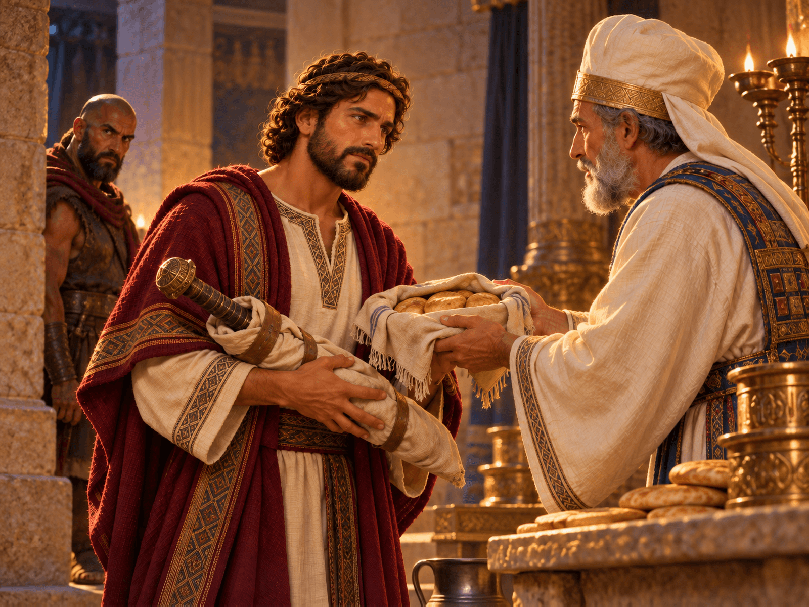 A painting of the priest at Nob giving David holy bread and Goliath's sword