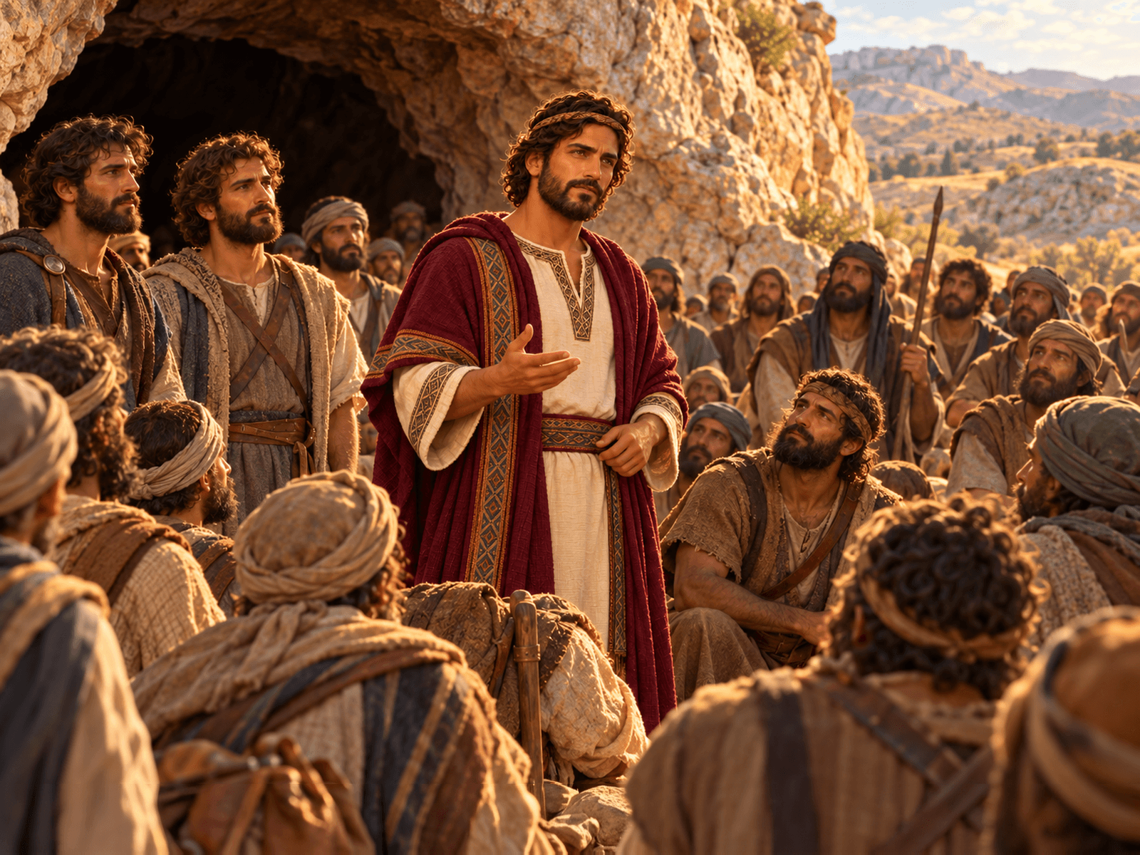 A painting of David with his followers at the cave of Adullam