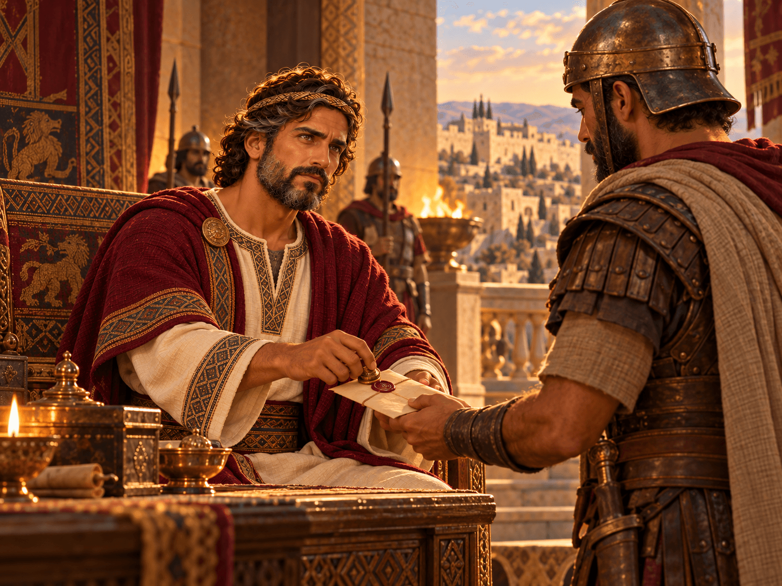 A painting of King David handing Uriah the letter for Joab