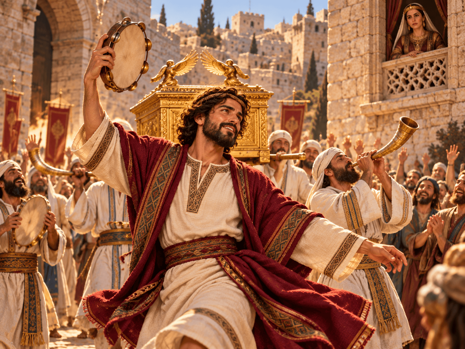 A painting of David dancing before the ark as it enters Jerusalem