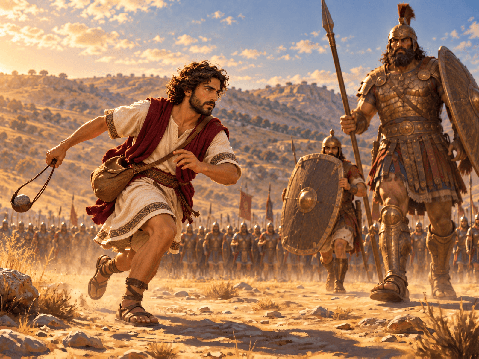 A painting of young David running out with his sling to face Goliath