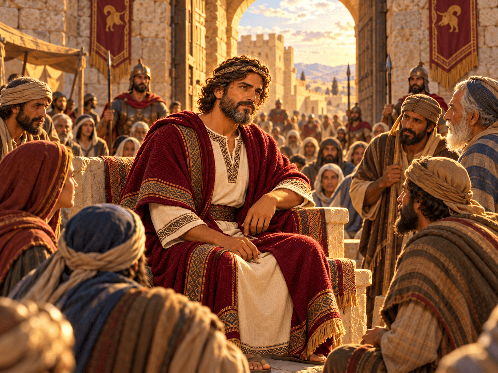 A painting of King David sitting in the city gate of Mahanaim
