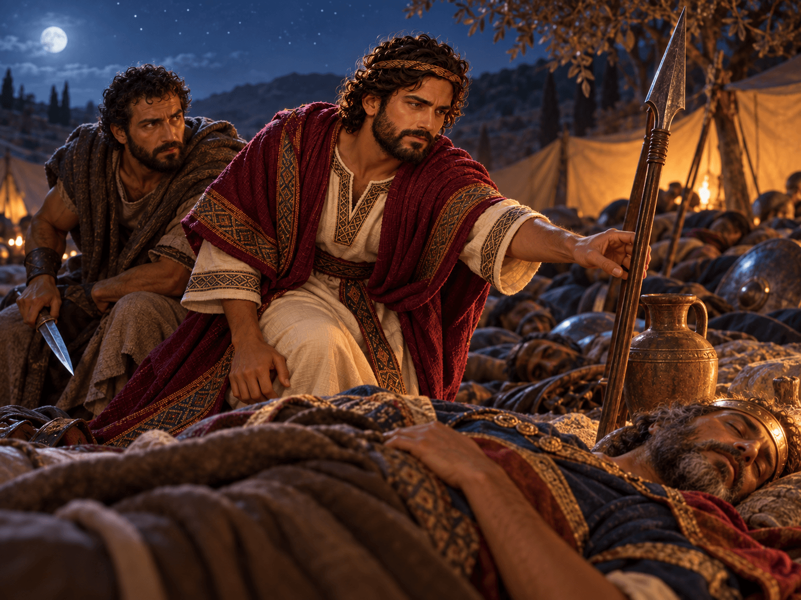 A painting of David standing over the sleeping King Saul at night