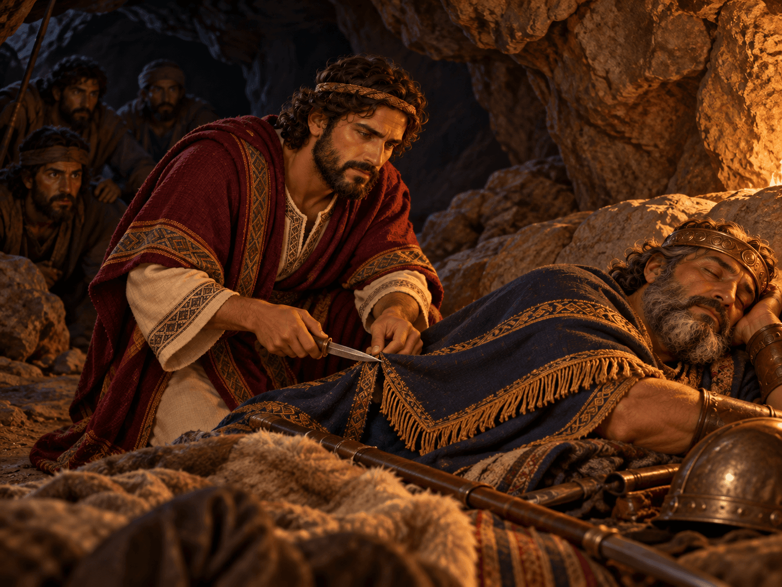 A painting of David cutting a corner from Saul's robe in the cave