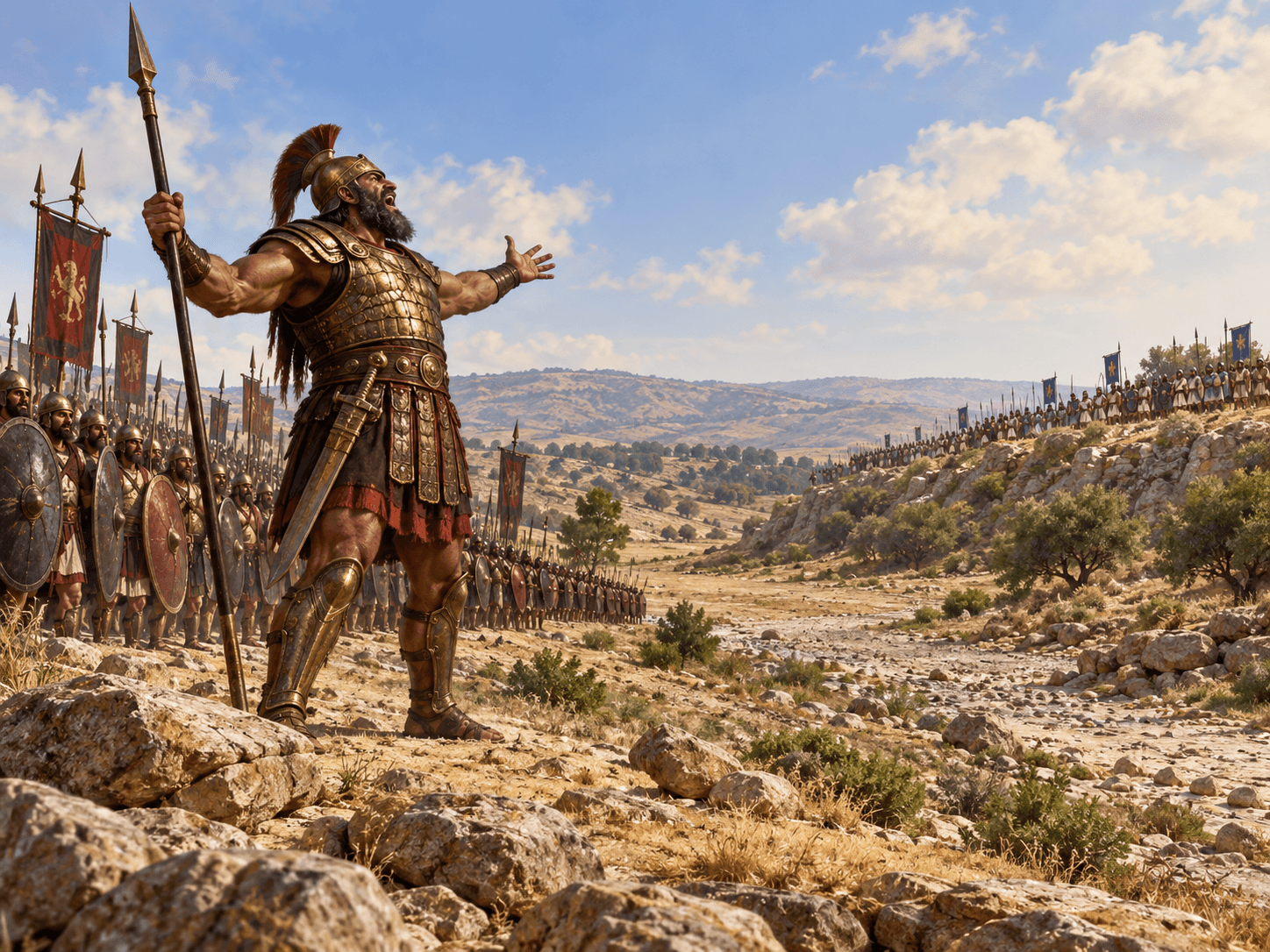 A painting of Goliath defying the army of Israel in the Valley of Elah