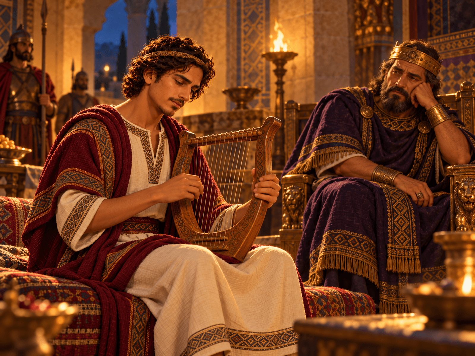 A painting of young David playing the harp for King Saul