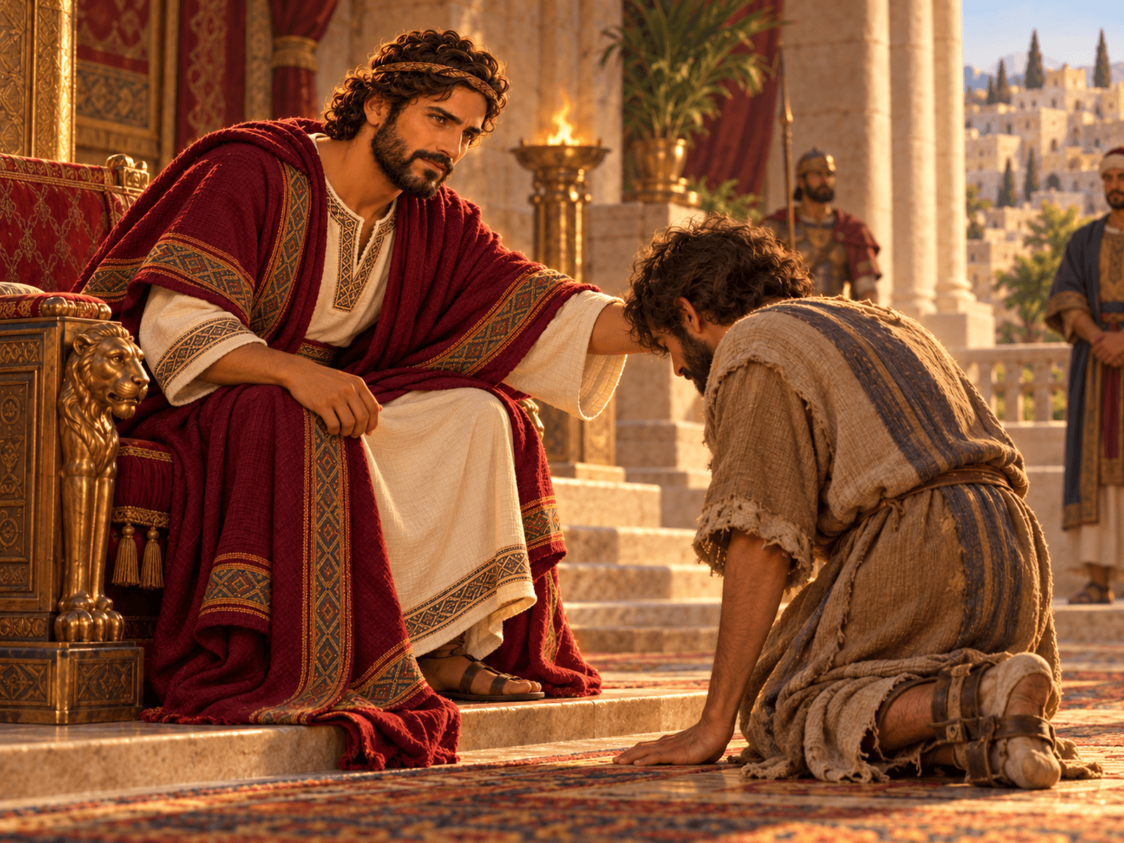 A painting of Mephibosheth bowing before King David