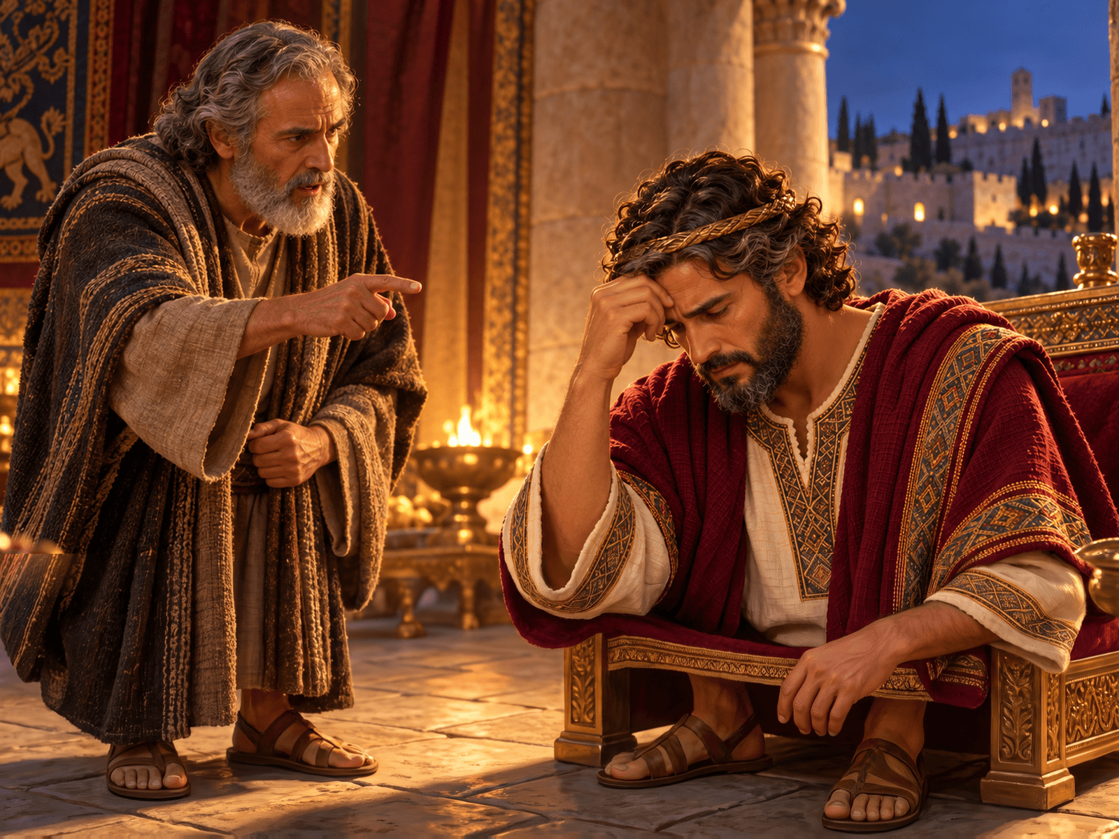 A painting of the prophet Nathan confronting King David