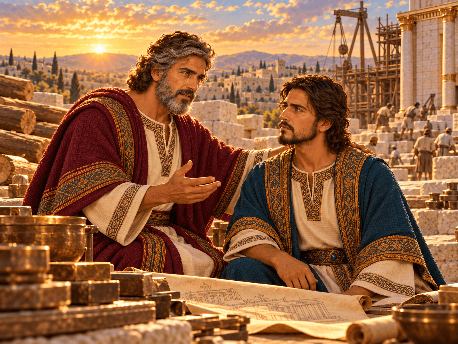 A painting of David charging Solomon to build the temple