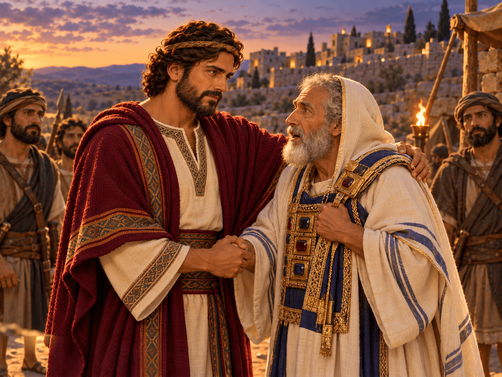 A painting of the priest Abiathar reaching David with news from Nob
