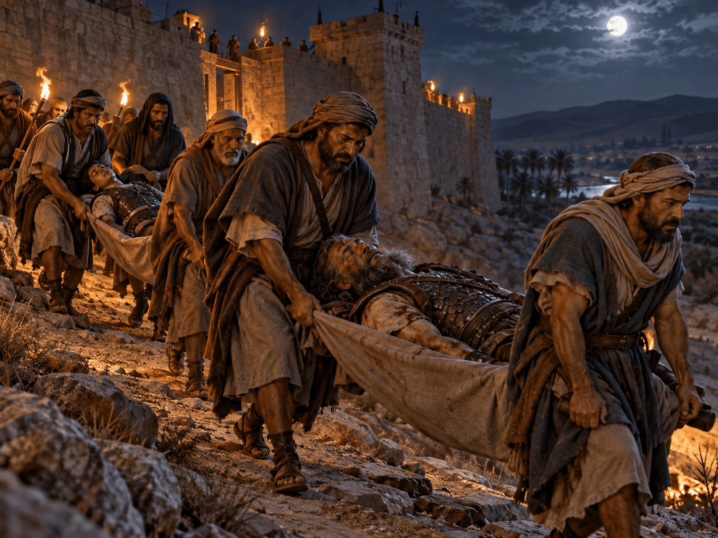 A painting of the men of Jabesh-gilead carrying away the bodies of Saul and his sons