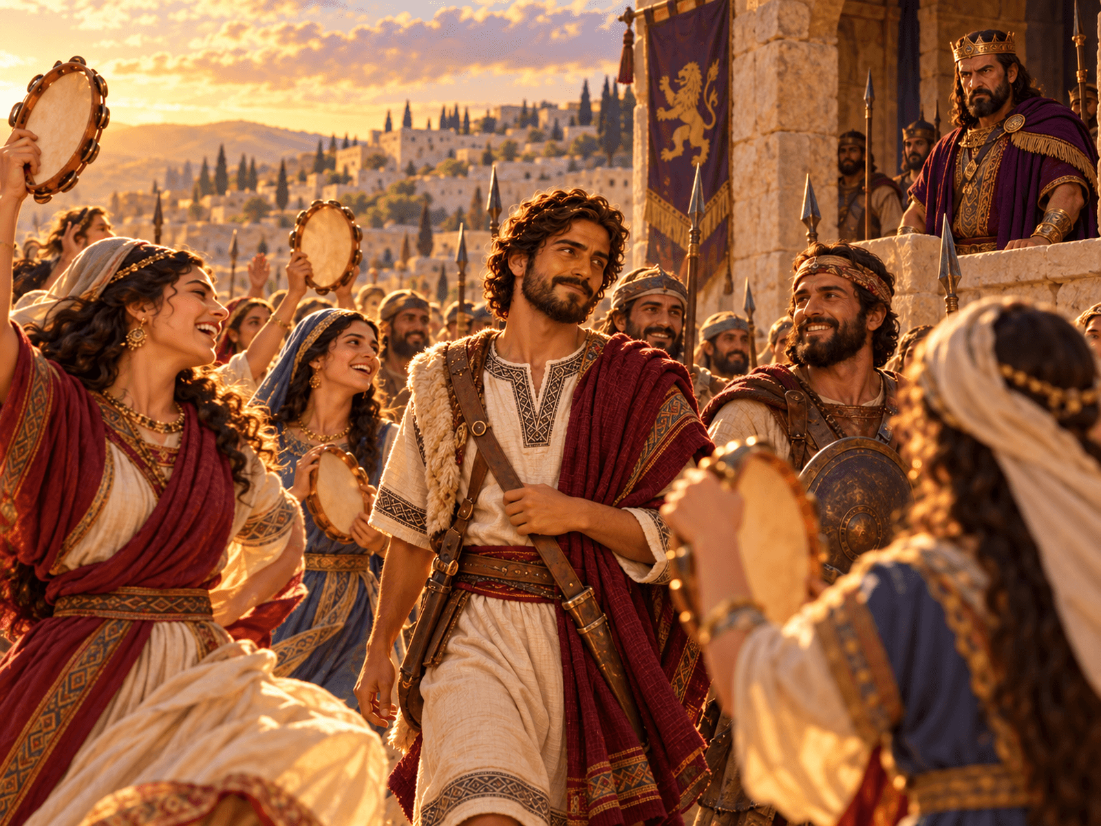 A painting of the women of Israel singing as King Saul grows jealous of David