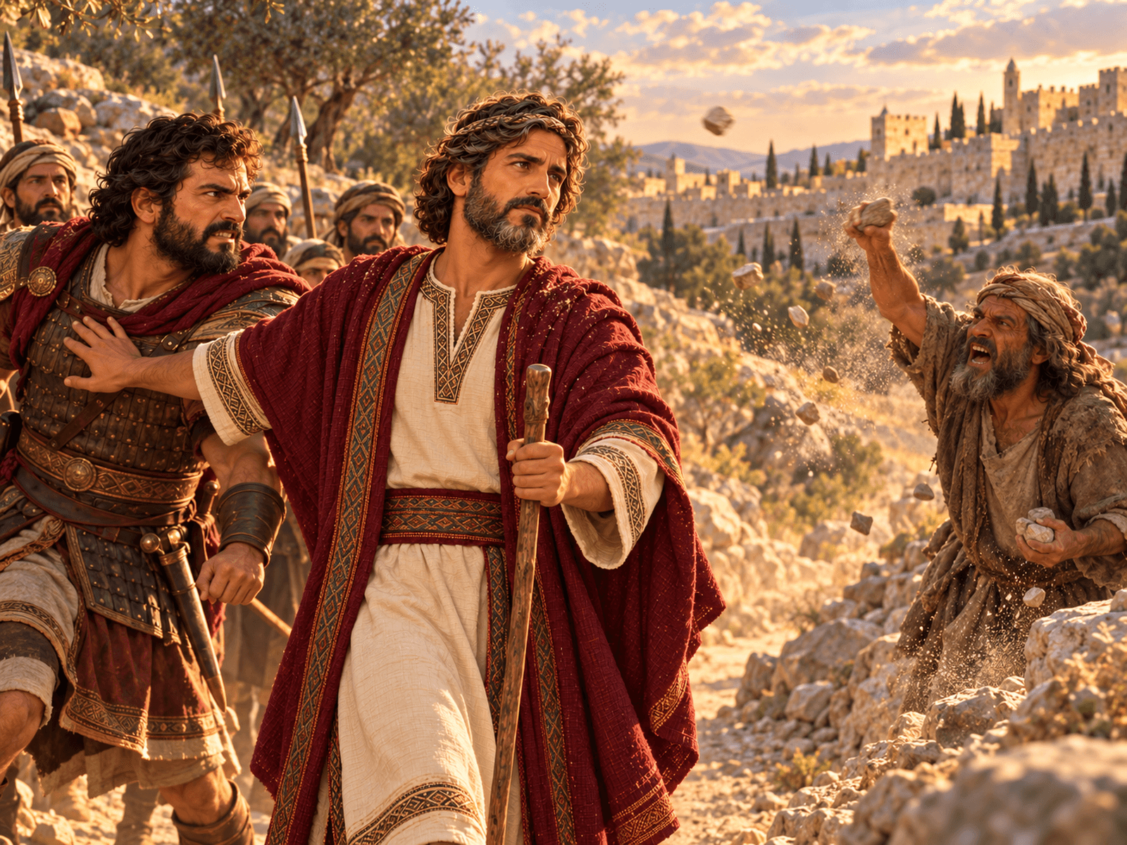 A painting of Shimei cursing King David along the road