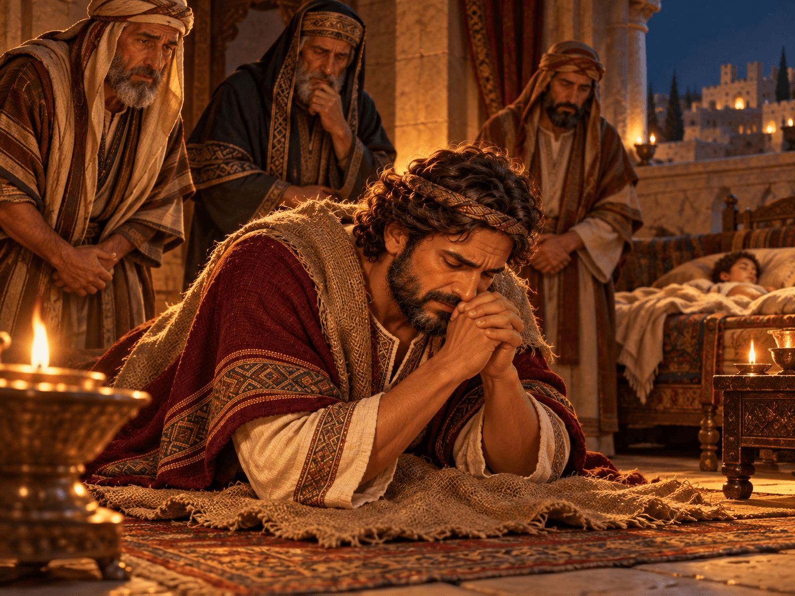 A painting of King David praying on the ground for his sick child