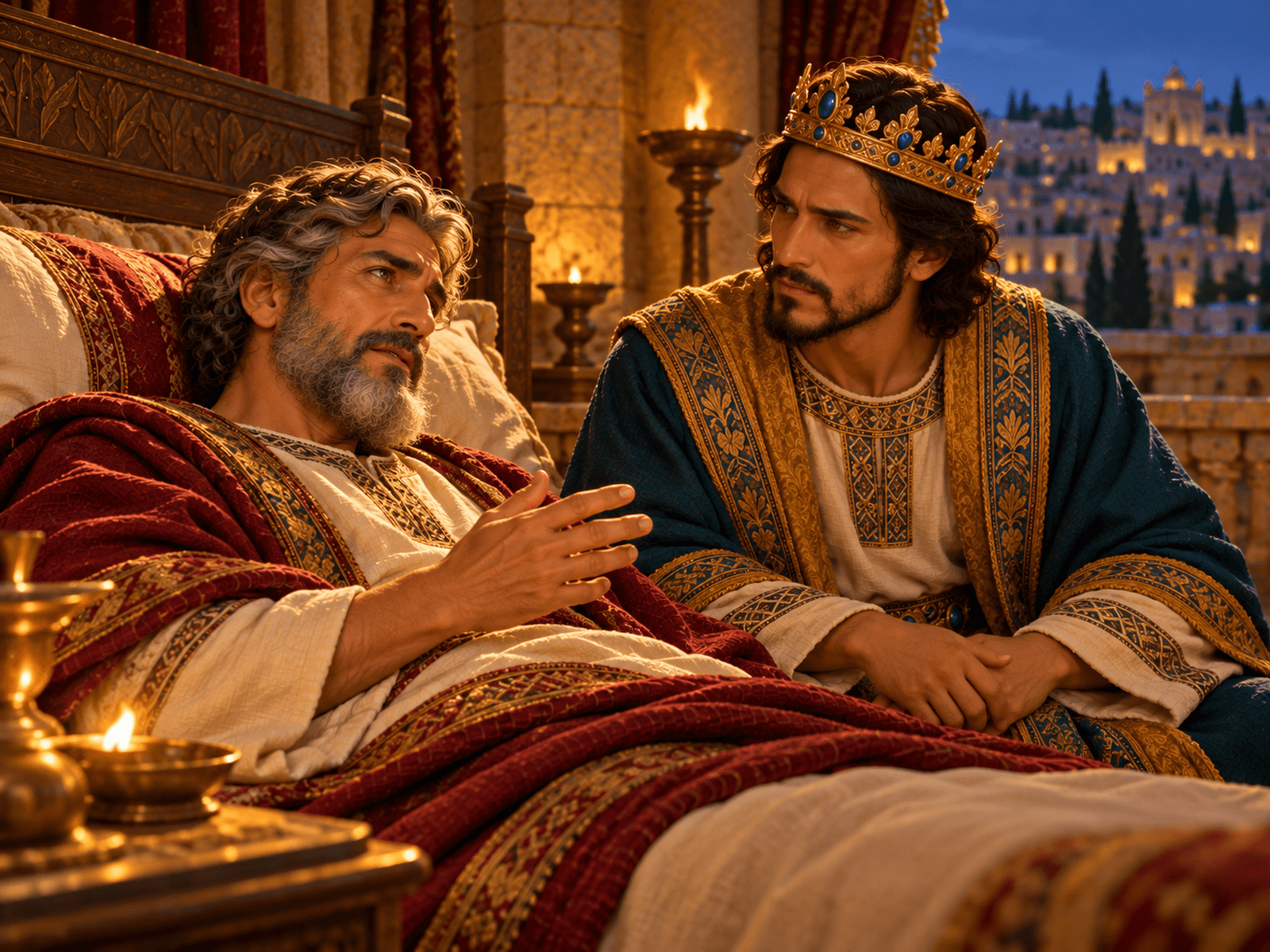 A painting of the old King David giving his last charge to Solomon