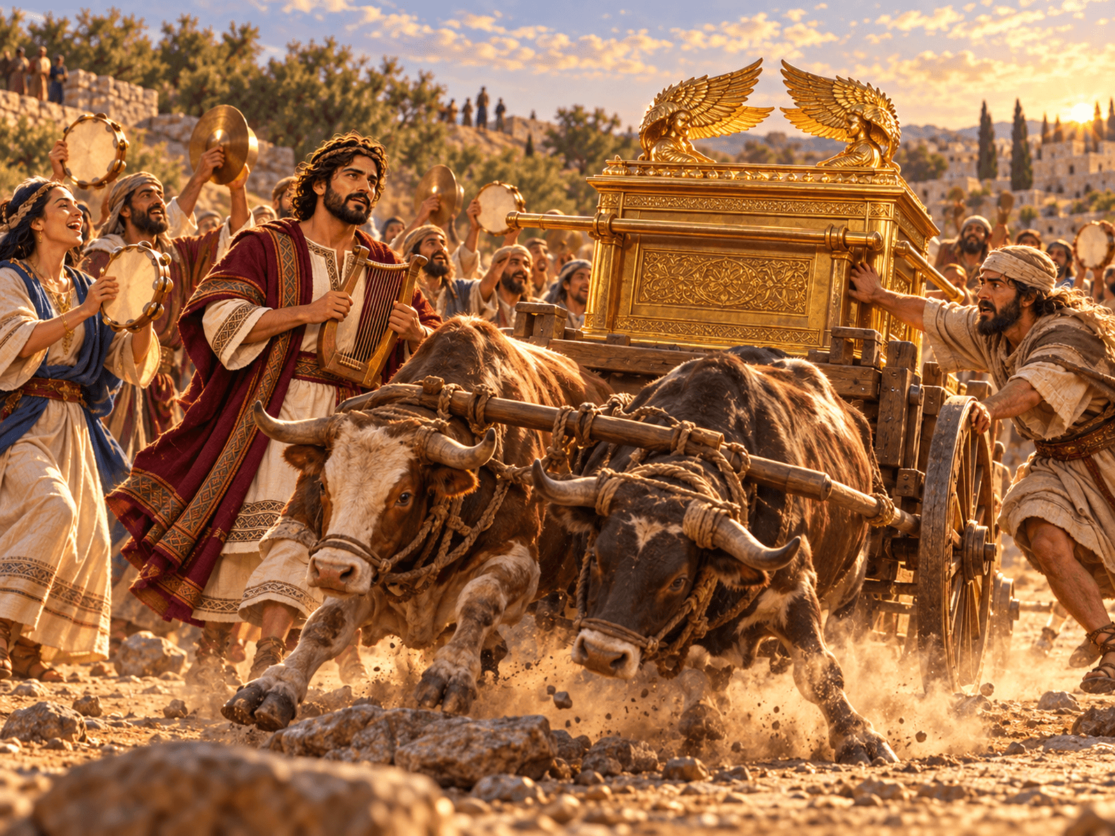 A painting of the ark of God on the cart as Uzzah reaches out