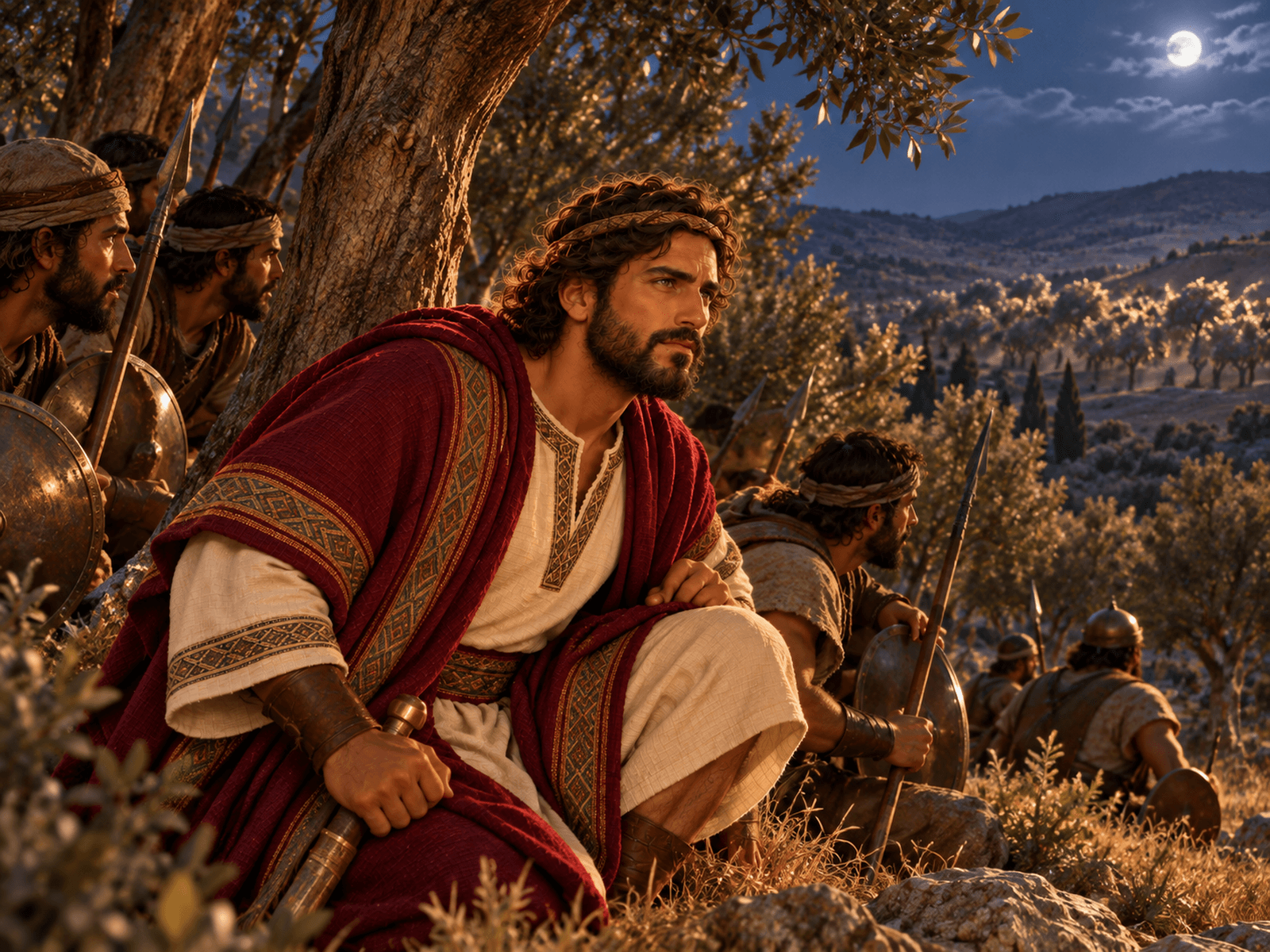 A painting of David's army waiting by the trees in the Valley of Rephaim
