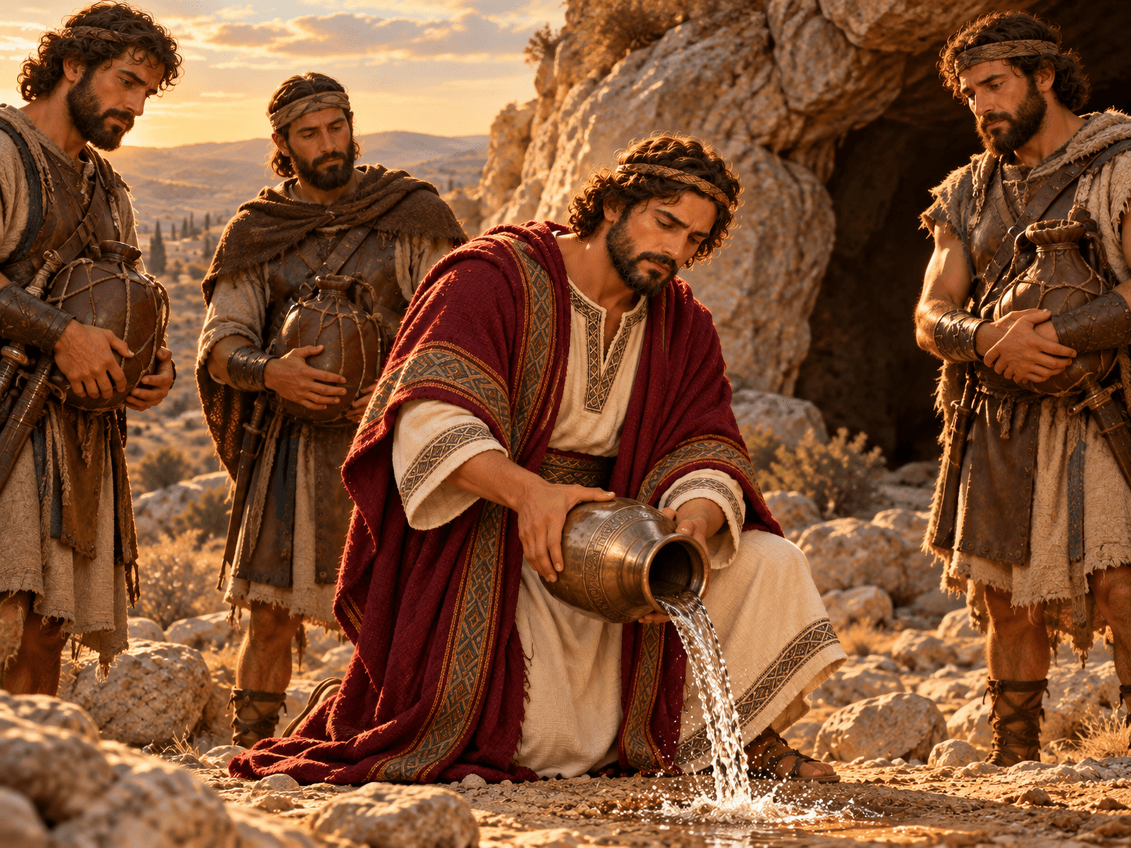 A painting of David pouring out the water brought from Bethlehem
