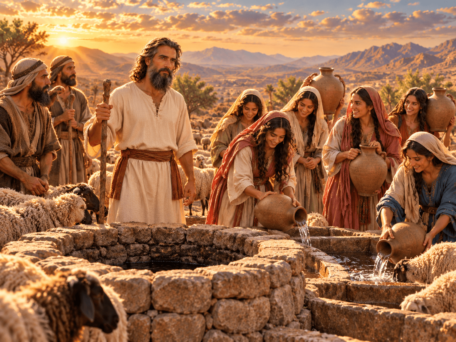 A painting of Moses helping the daughters of the priest of Midian at a well