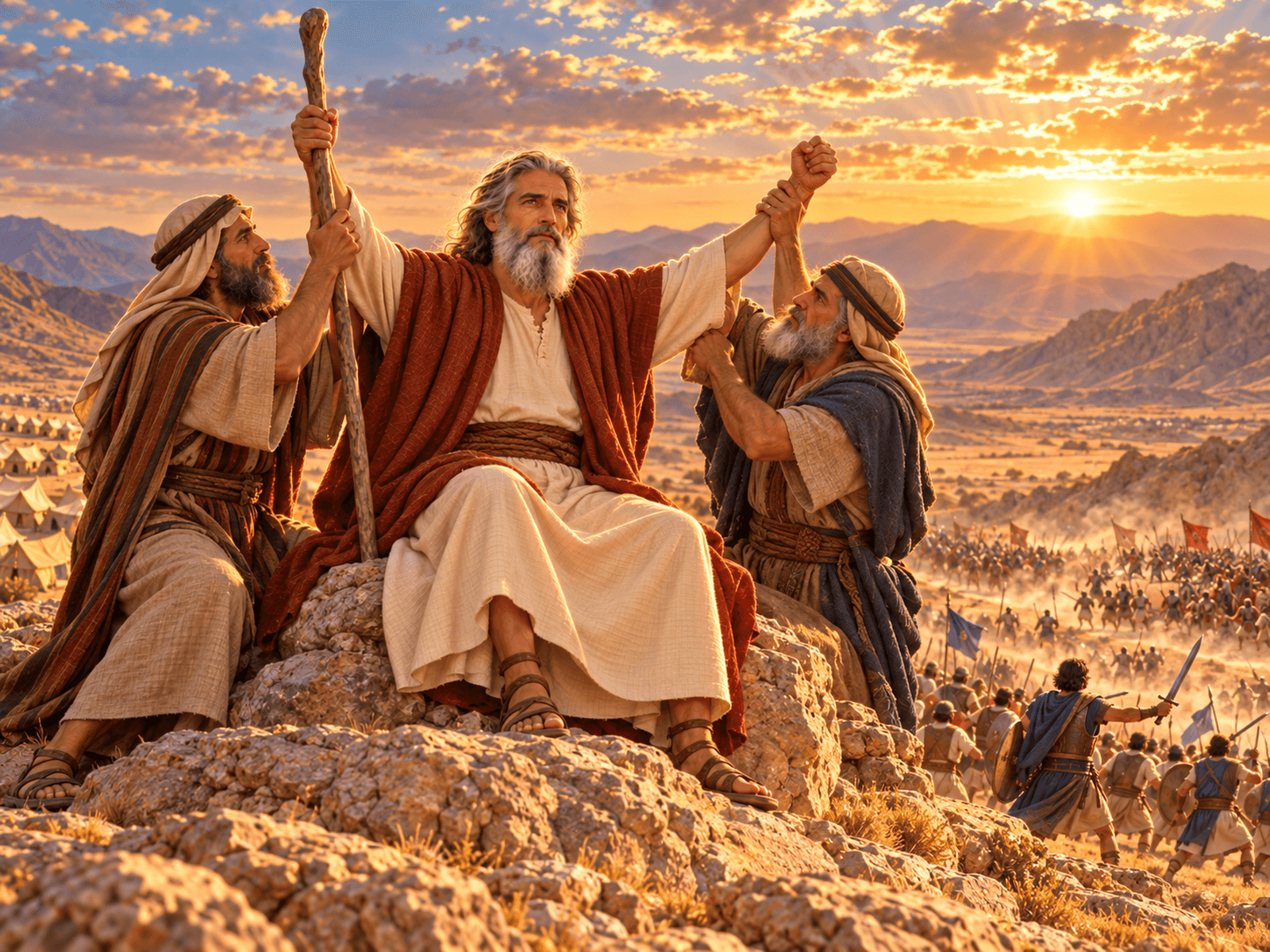 A painting of Aaron and Hur holding up Moses' hands during the battle with Amalek