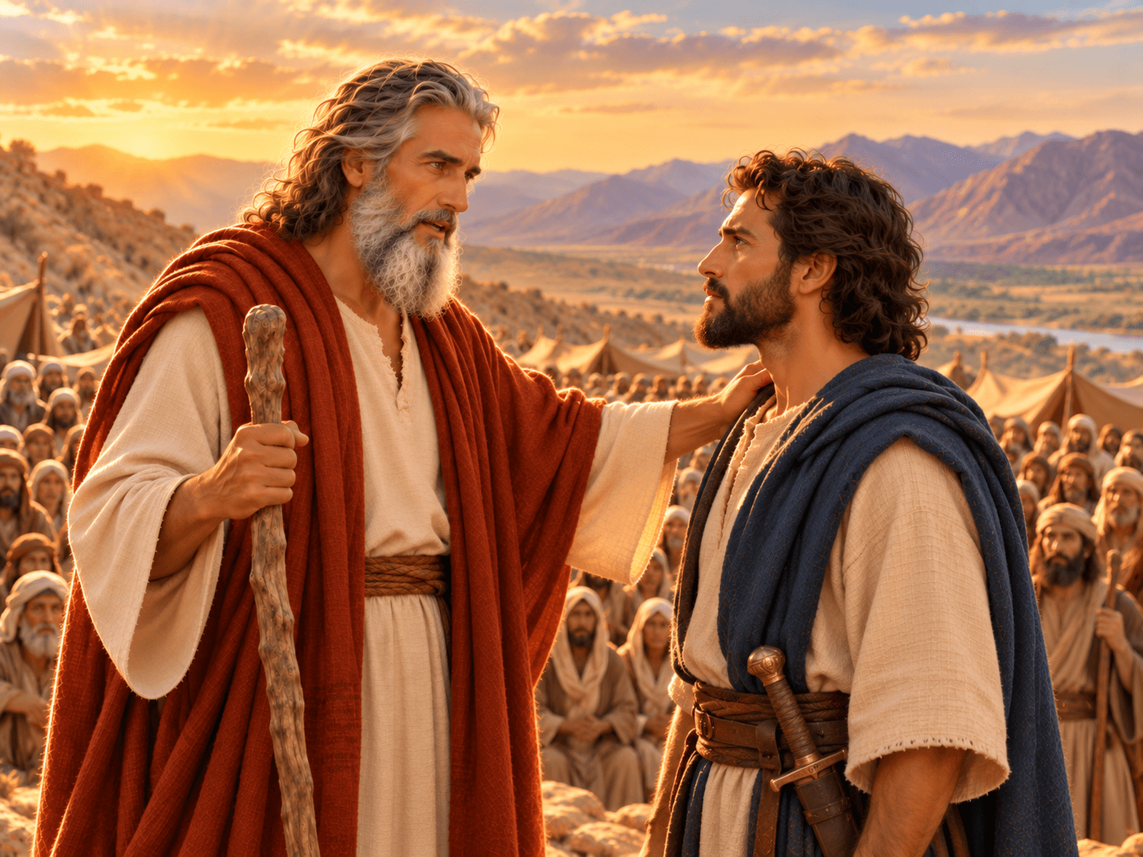 A painting of Moses telling Joshua to be strong and courageous