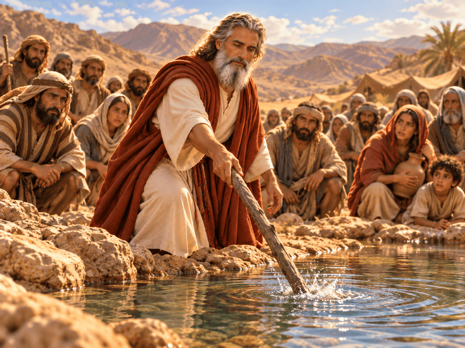A painting of Moses making the bitter water at Marah sweet