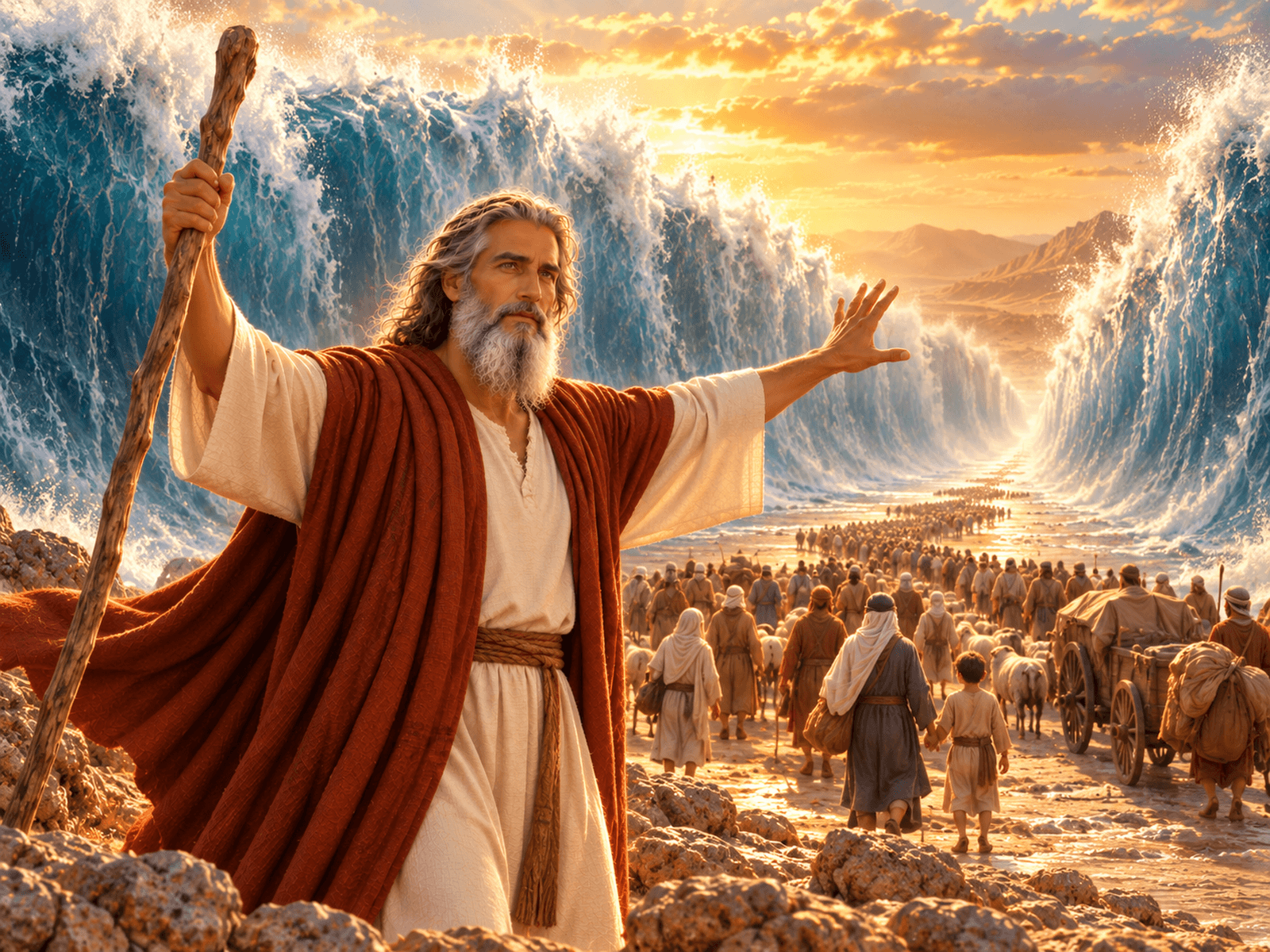 A painting of Israel crossing the Red Sea on dry ground