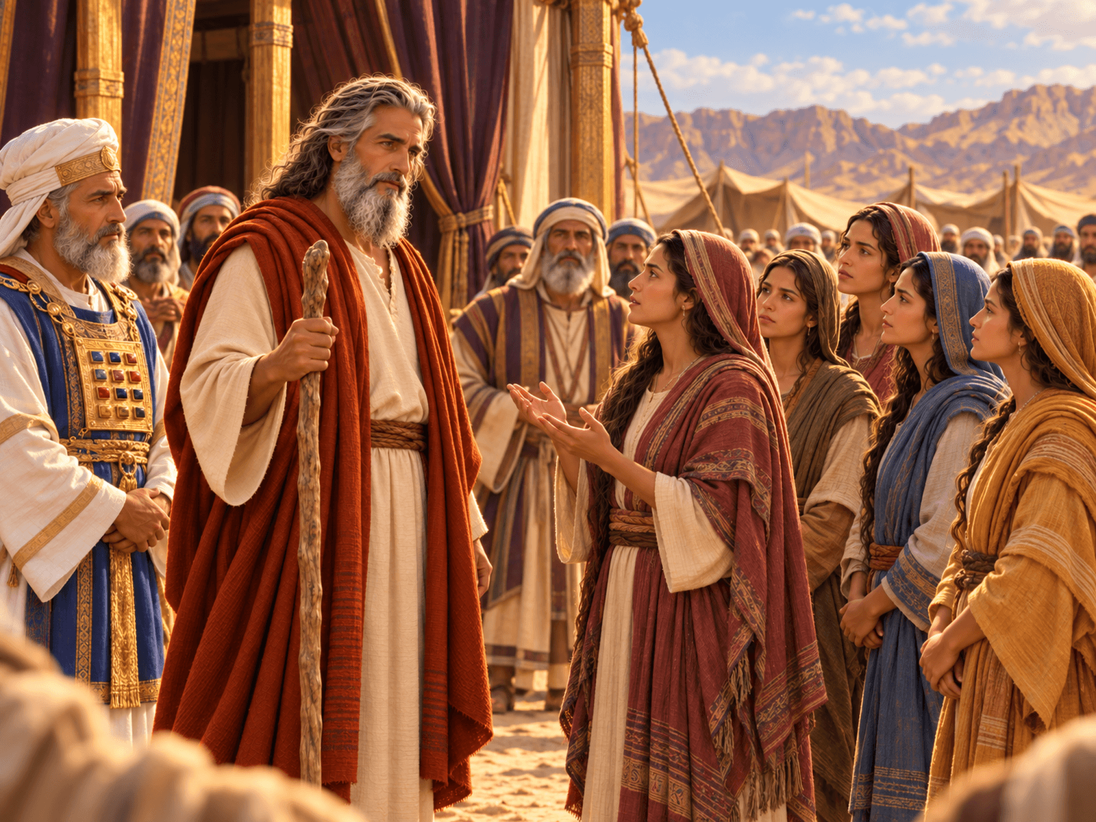 A painting of the daughters of Zelophehad standing before Moses