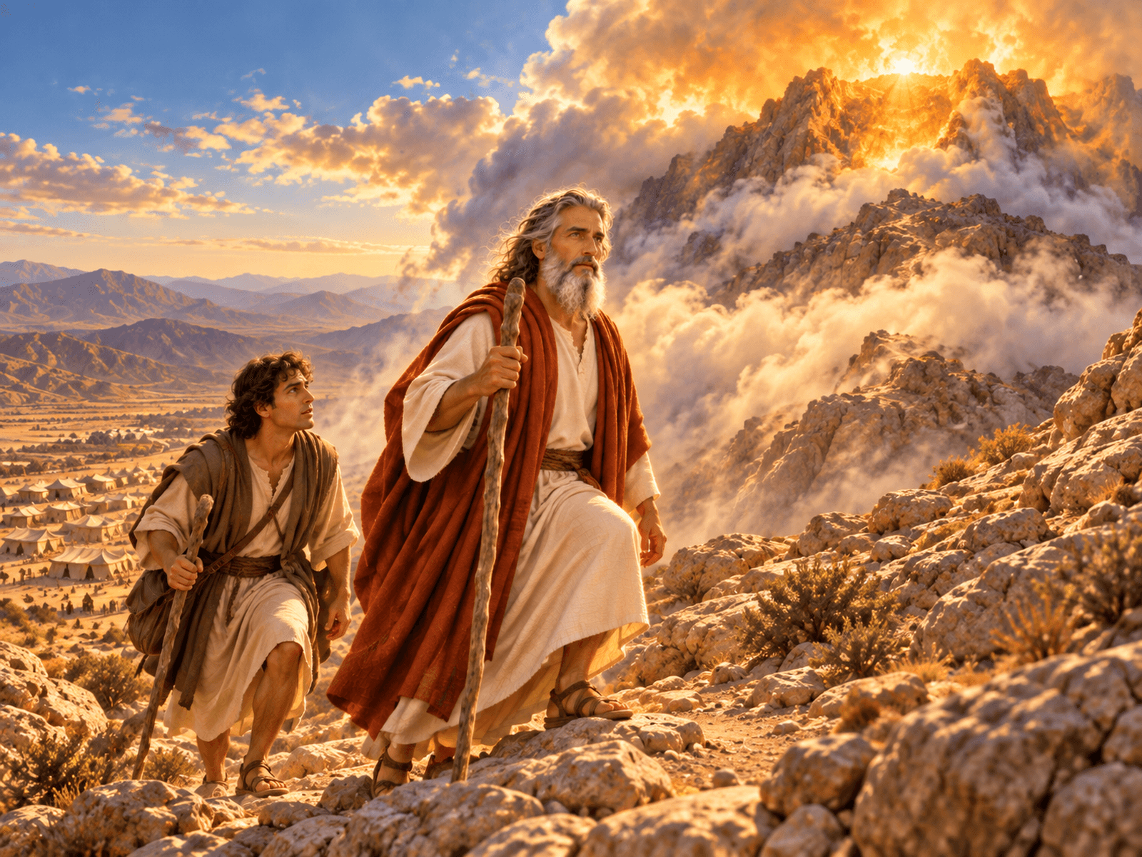 A painting of Moses and Joshua climbing Mount Sinai toward the cloud