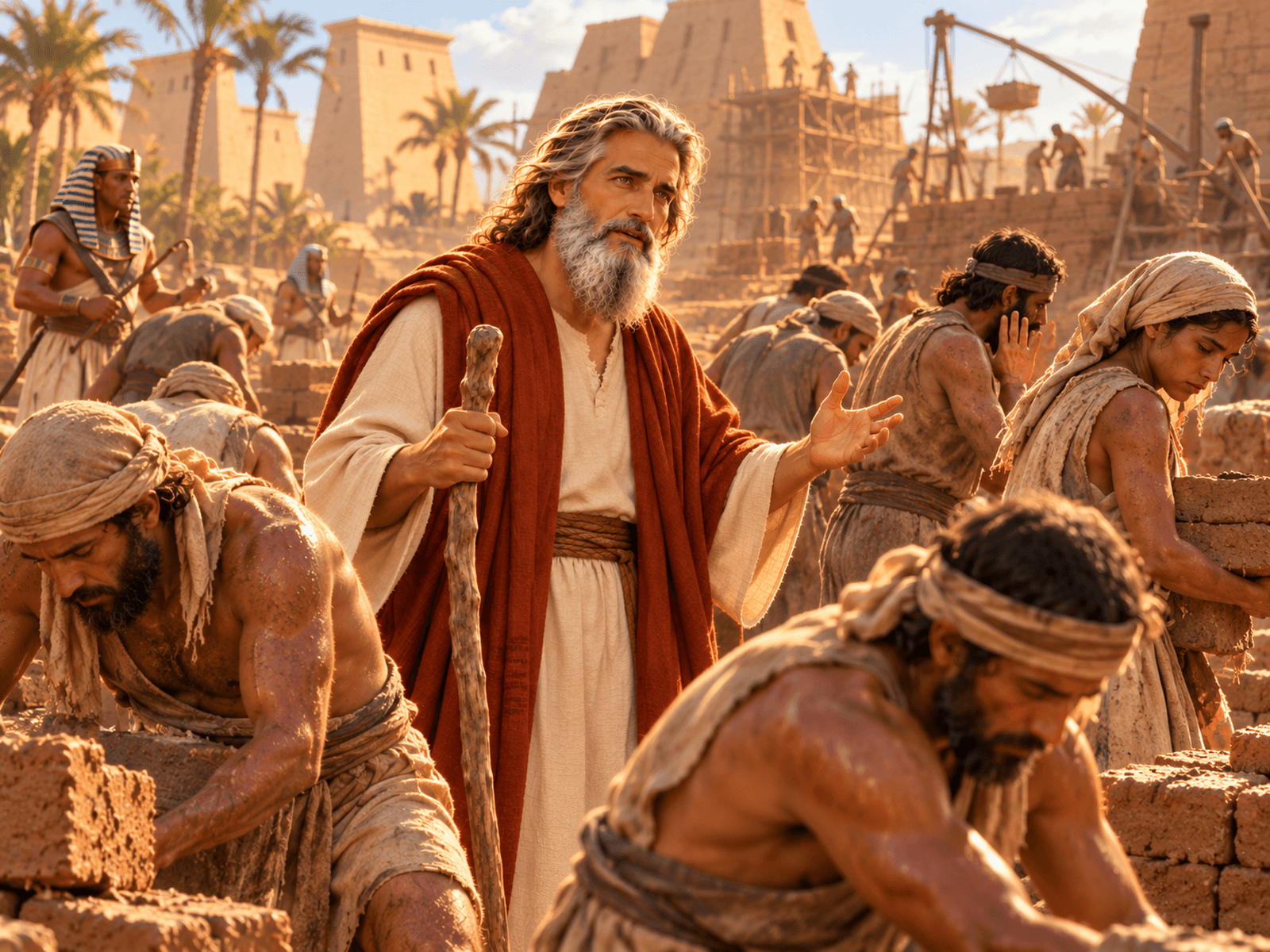 A painting of Moses speaking to the weary Israelites in Egypt