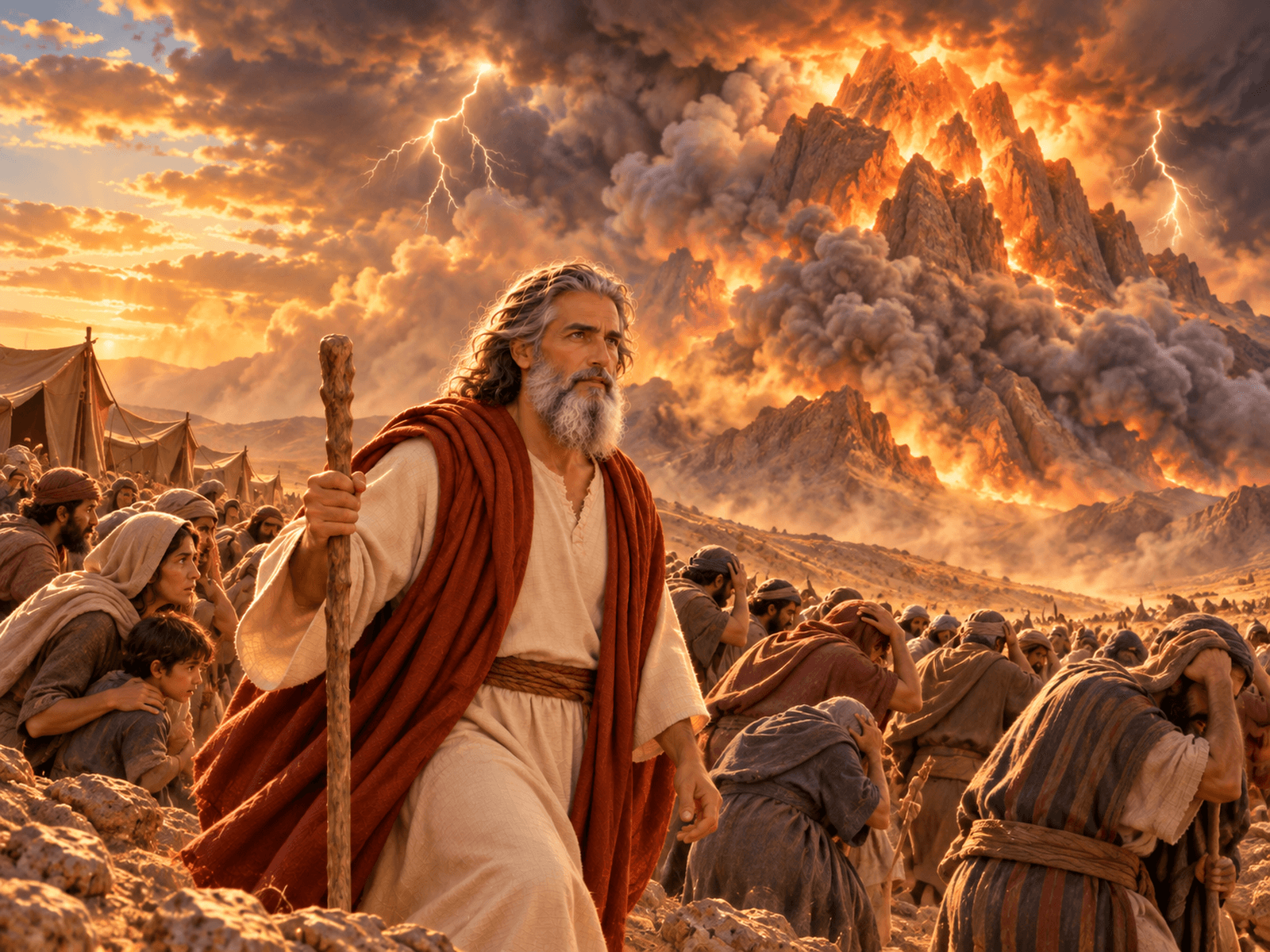 A painting of God coming down on Mount Sinai in fire and smoke