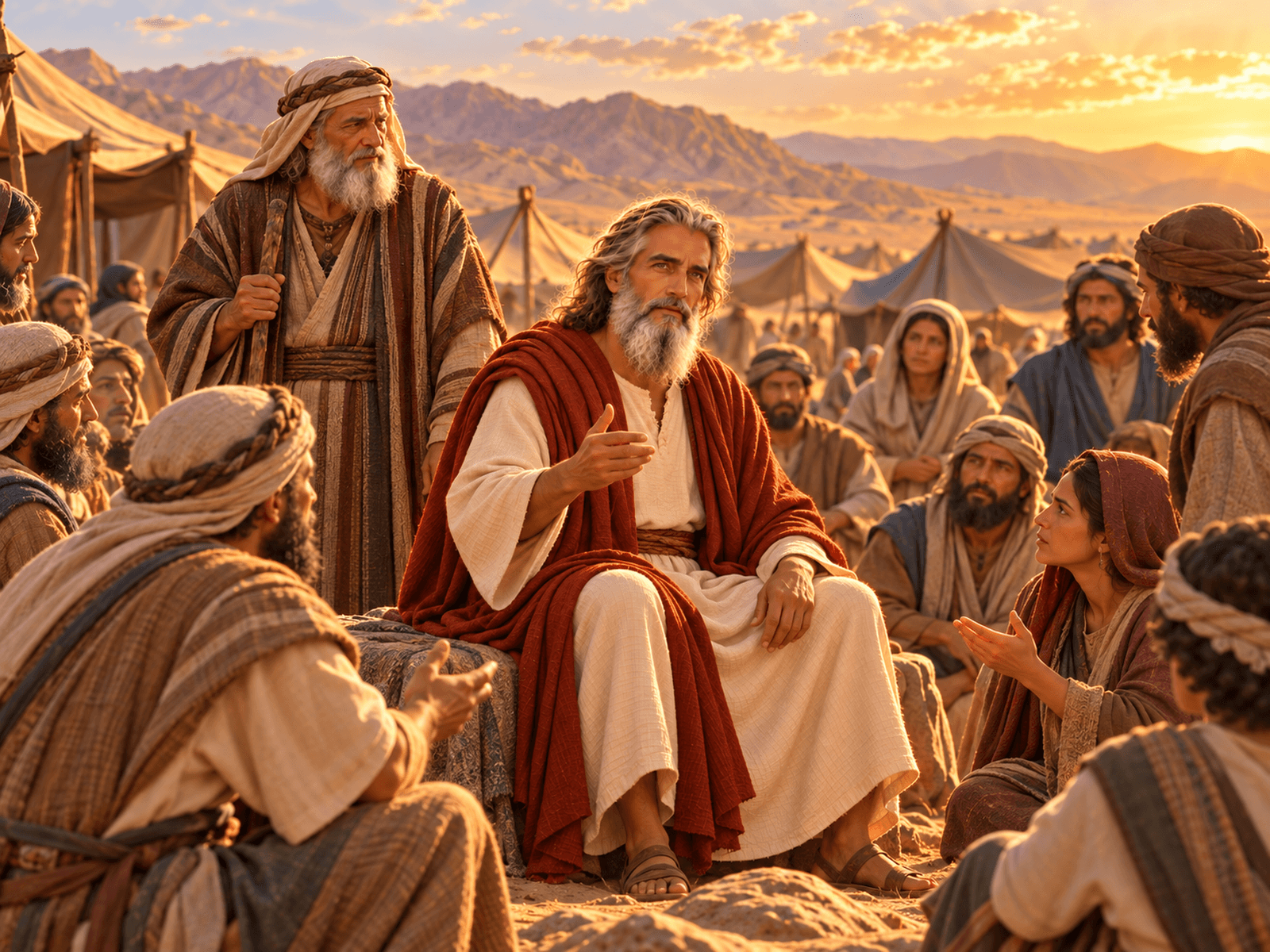 A painting of Moses judging the people while Jethro watches
