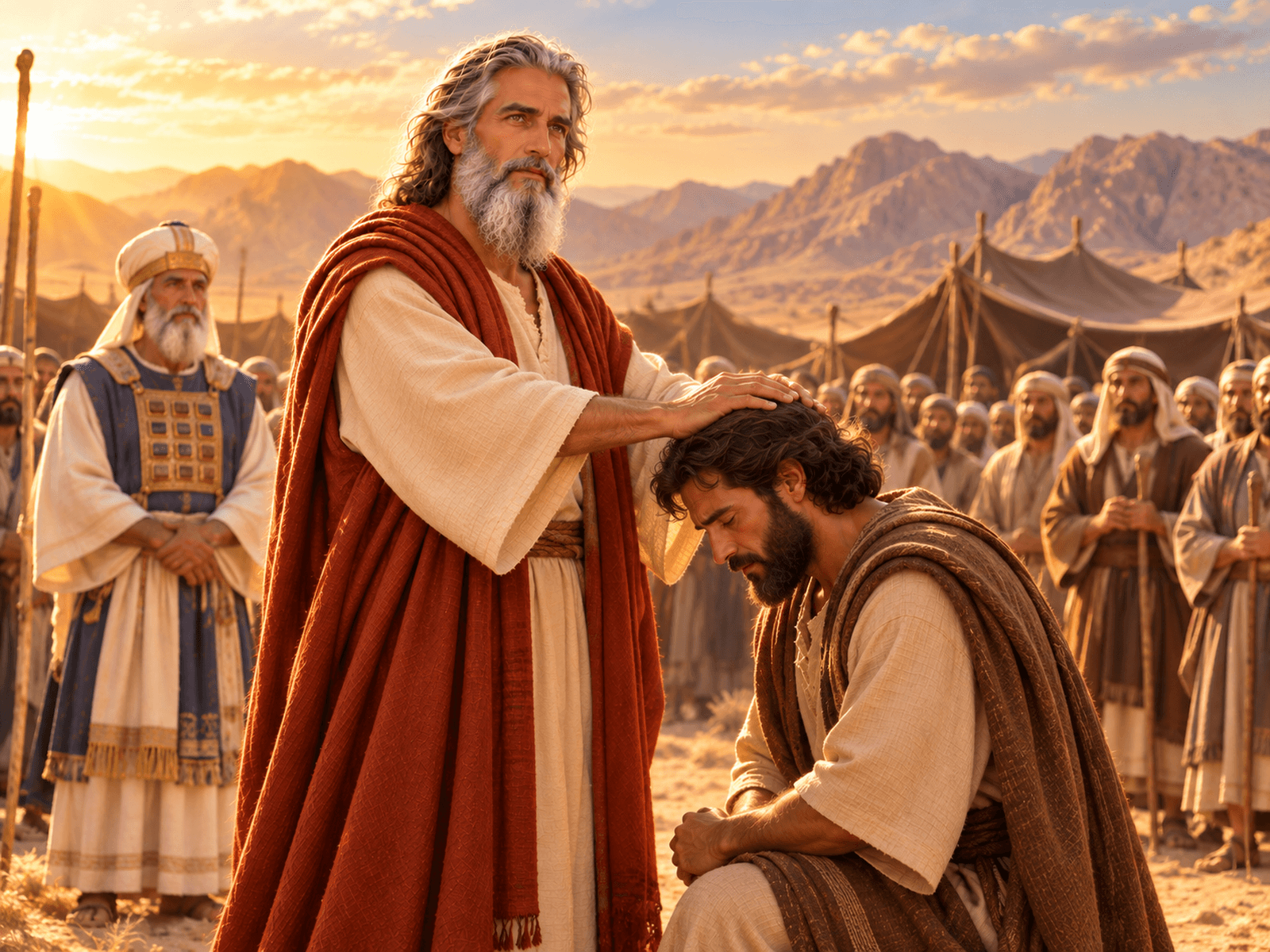 A painting of Moses laying his hands on Joshua