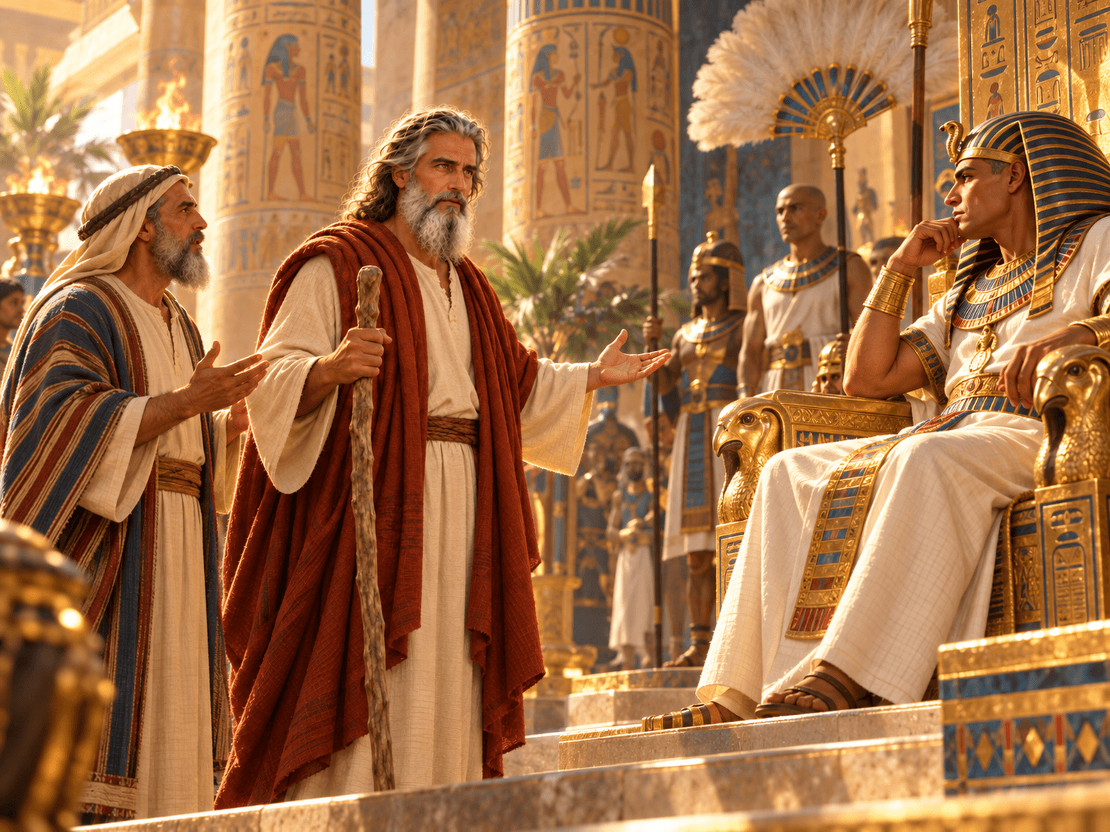 A painting of Moses and Aaron before Pharaoh