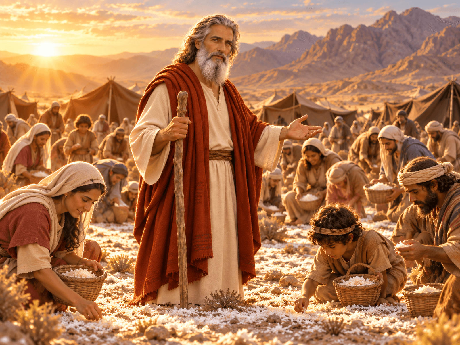 A painting of the Israelites gathering manna in the desert