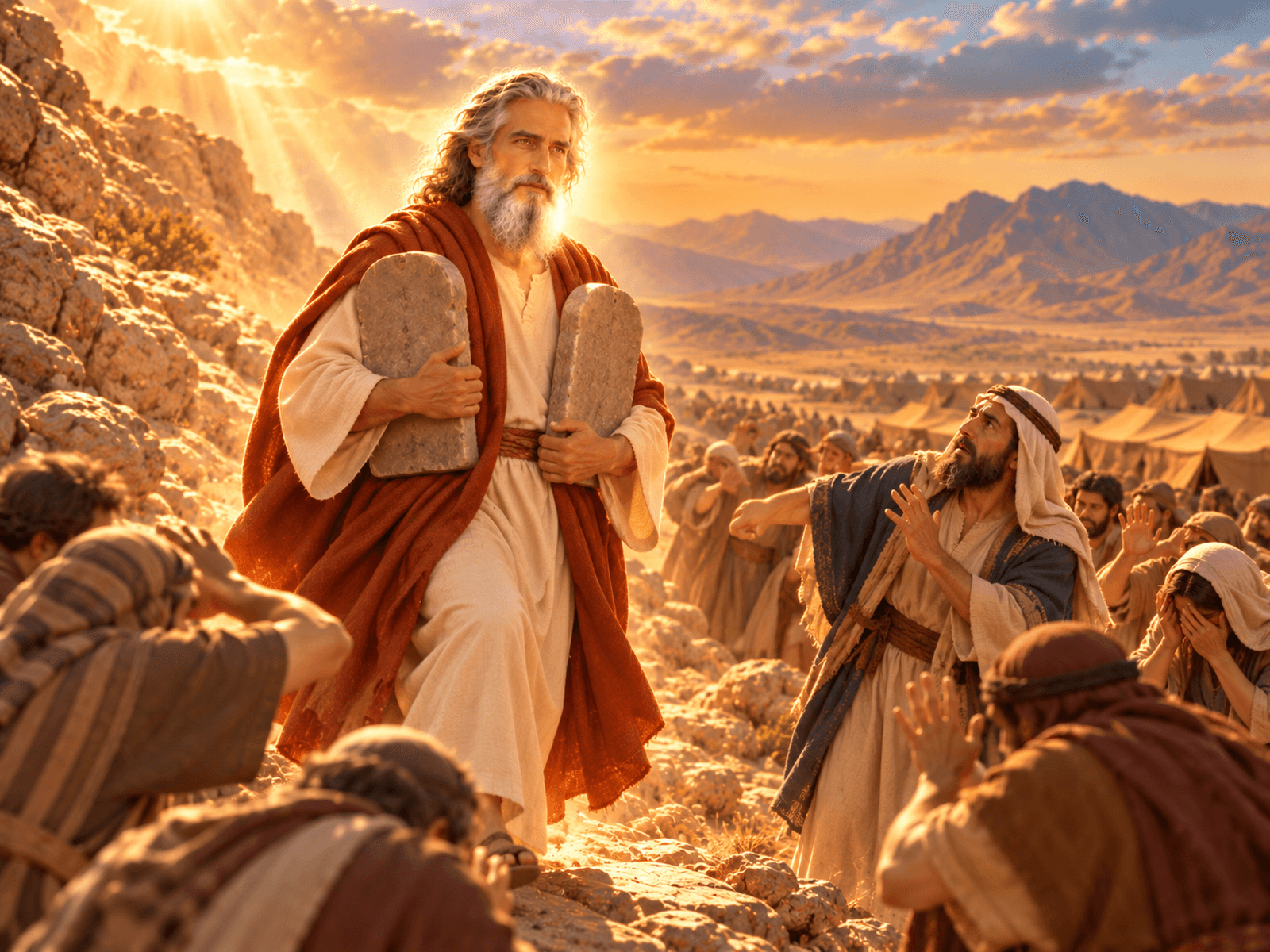 A painting of Moses coming down Mount Sinai with his face shining