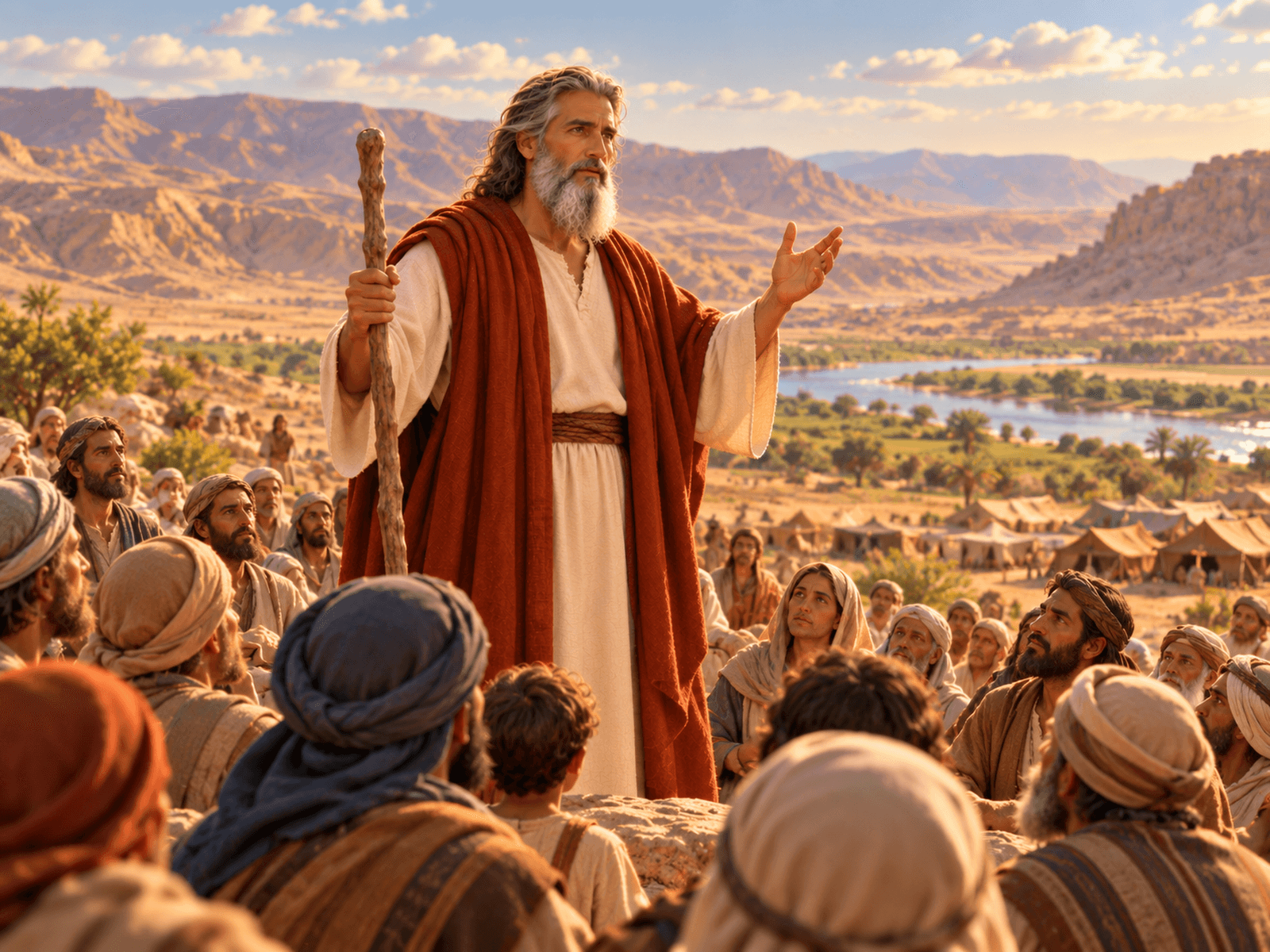 A painting of Moses speaking to Israel on the plains of Moab