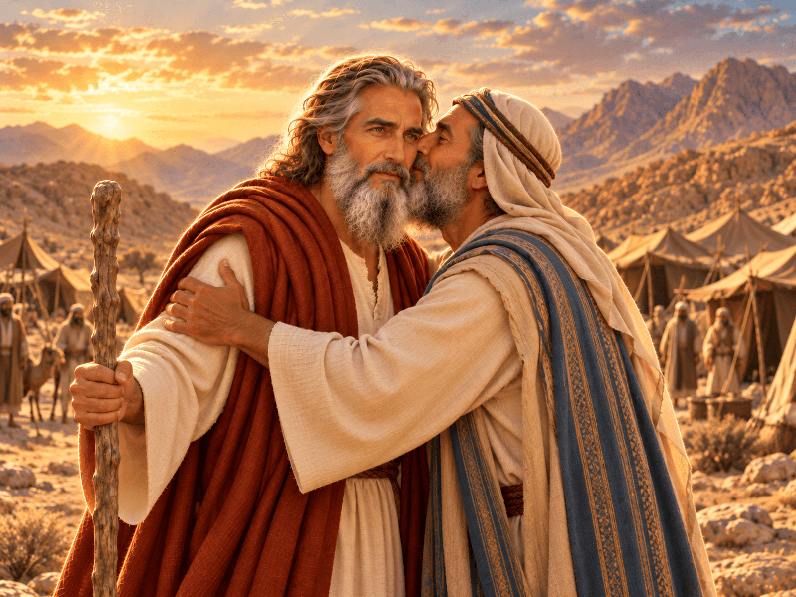 A painting of Aaron meeting Moses at the mountain of God
