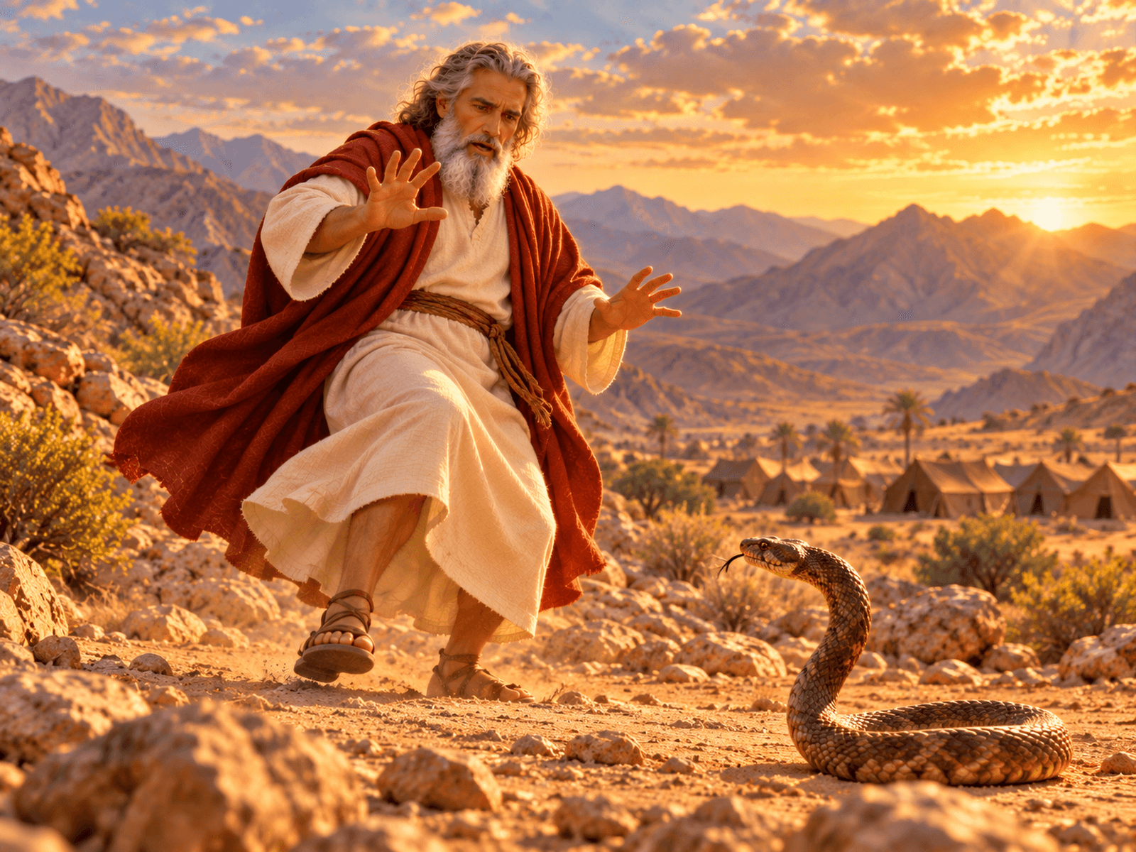 A painting of Moses' staff becoming a snake at the mountain of God