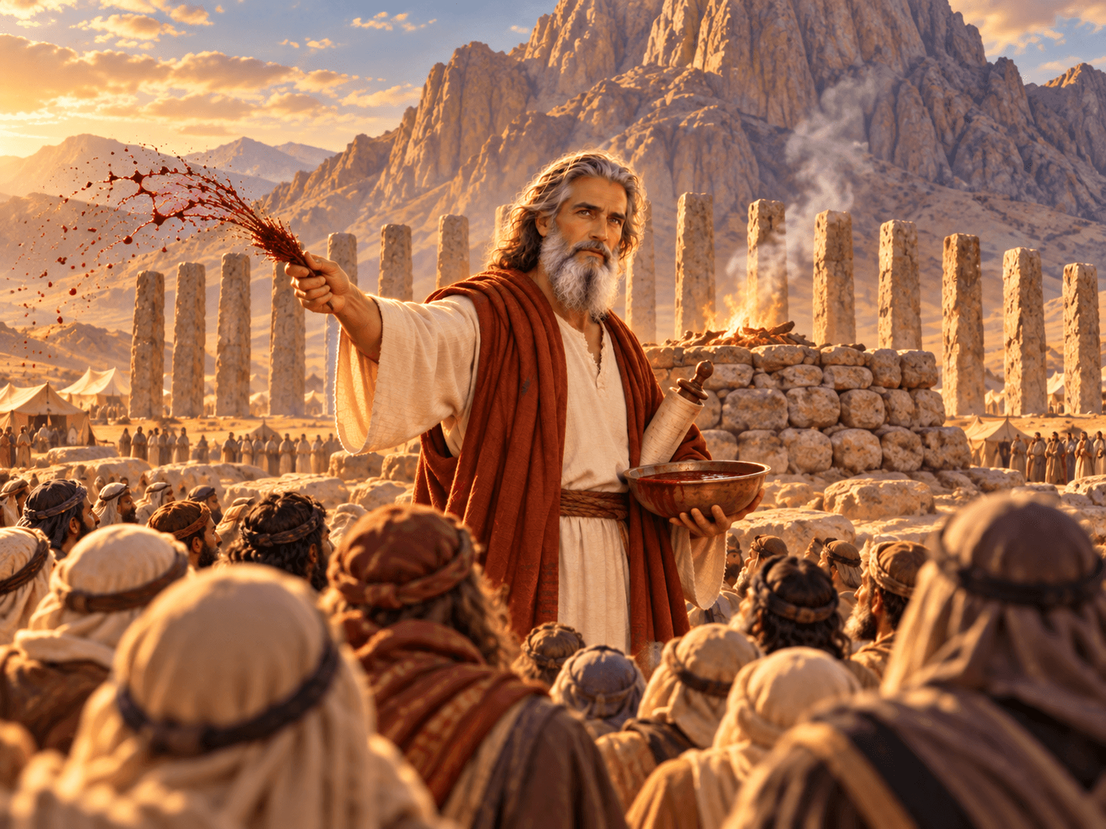 A painting of Moses sealing the covenant at the foot of Mount Sinai