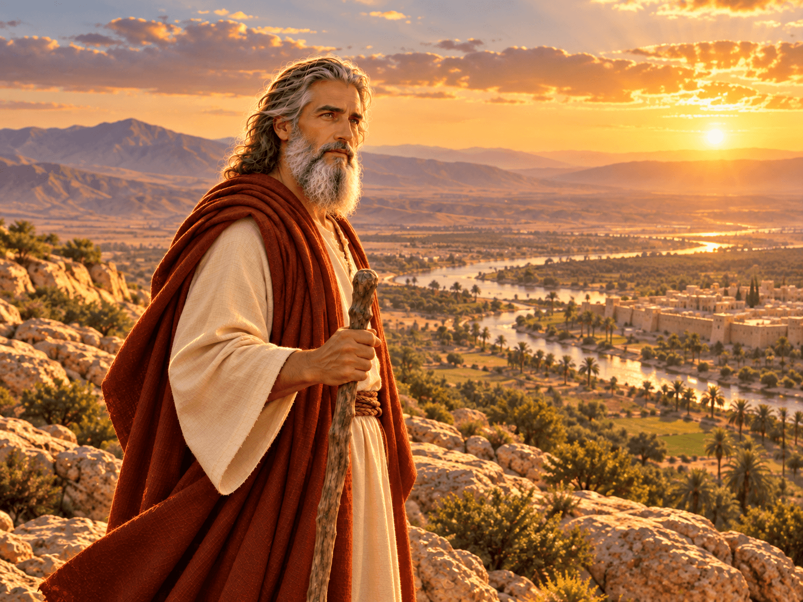 A painting of Moses looking out over the promised land from Mount Nebo