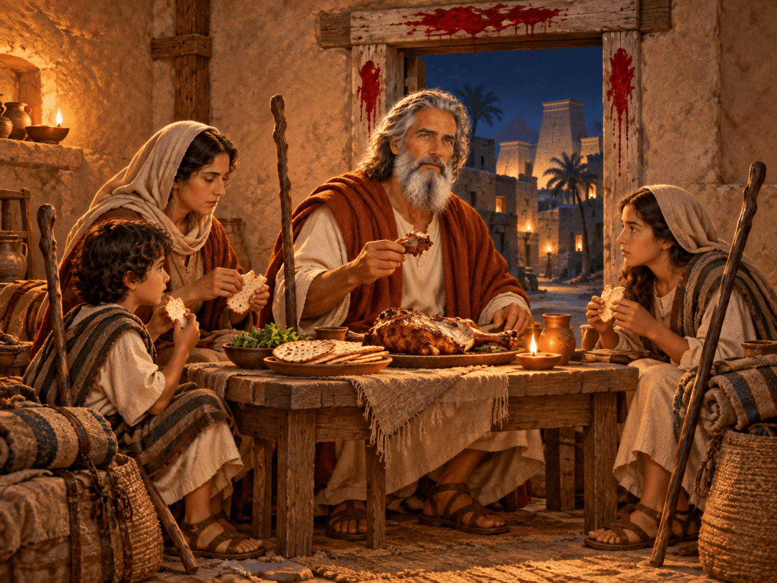 A painting of an Israelite family eating the first Passover