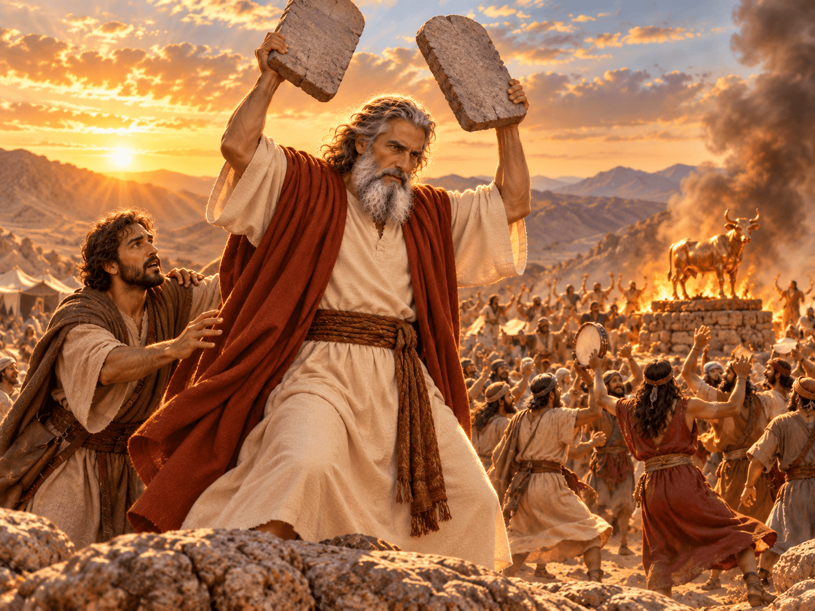 A painting of Moses about to break the tablets at the golden calf